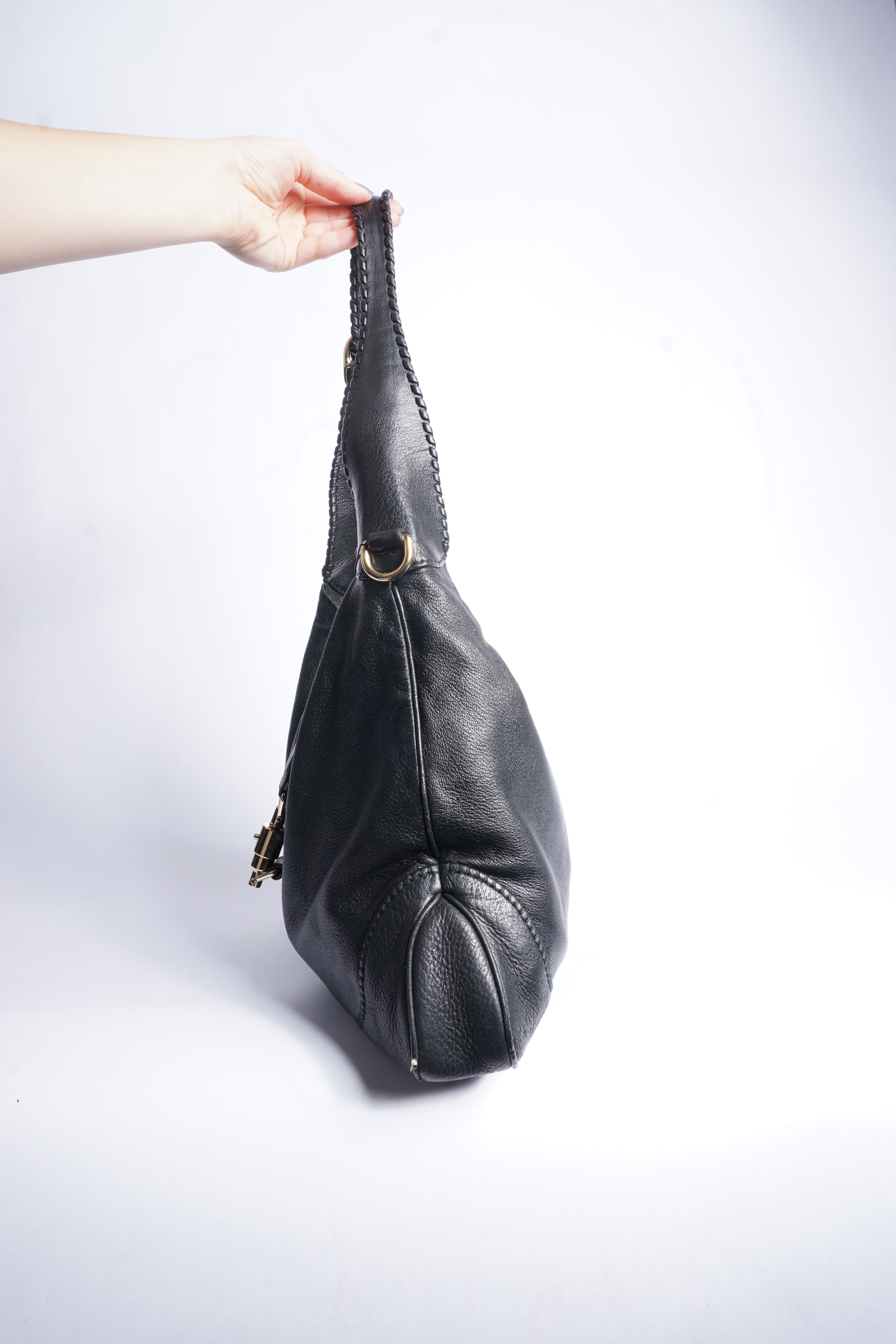 Gucci Black Leather Piston Lock Jackie