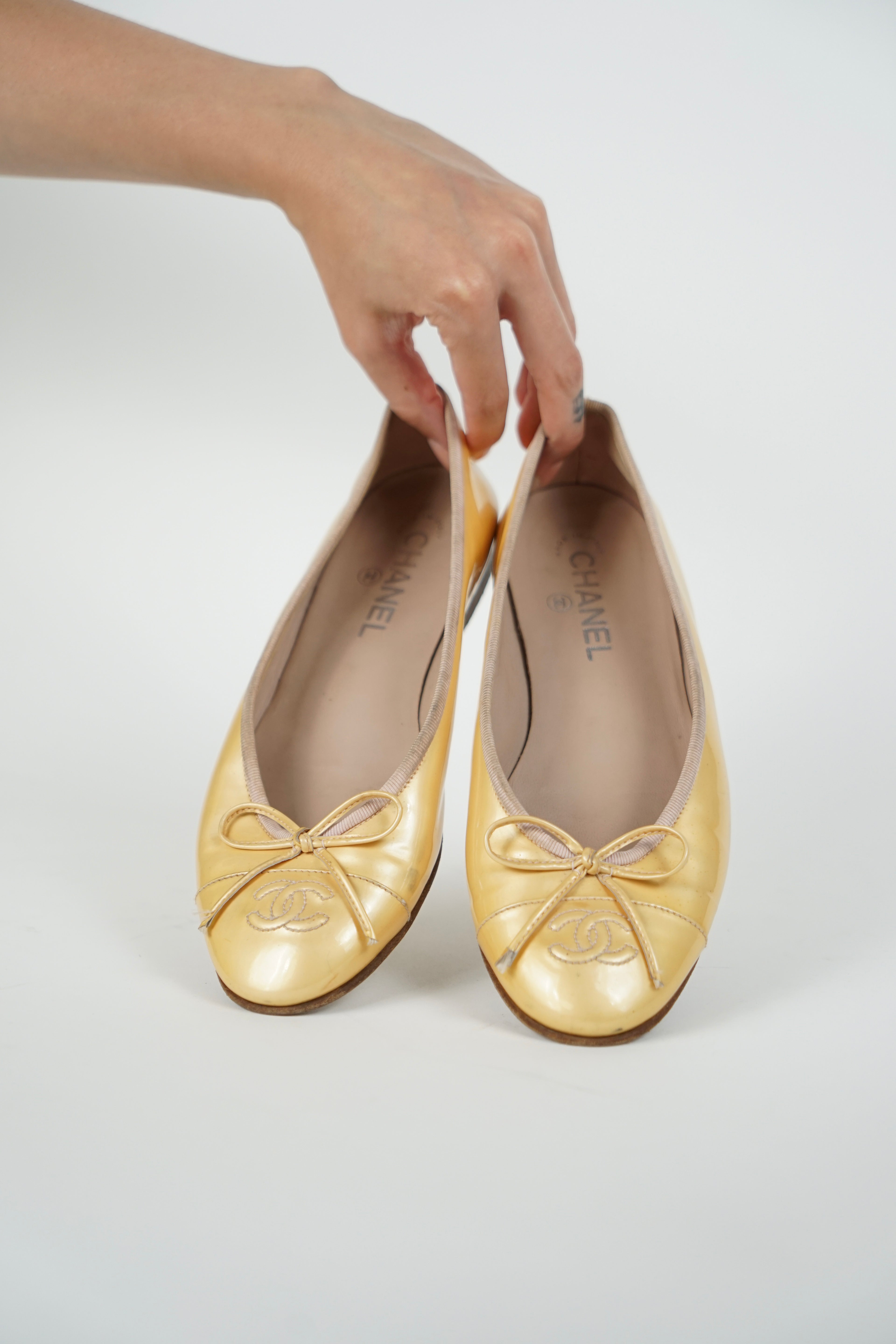 Chanel Gold Patent Ballet Flats, FR 38.5