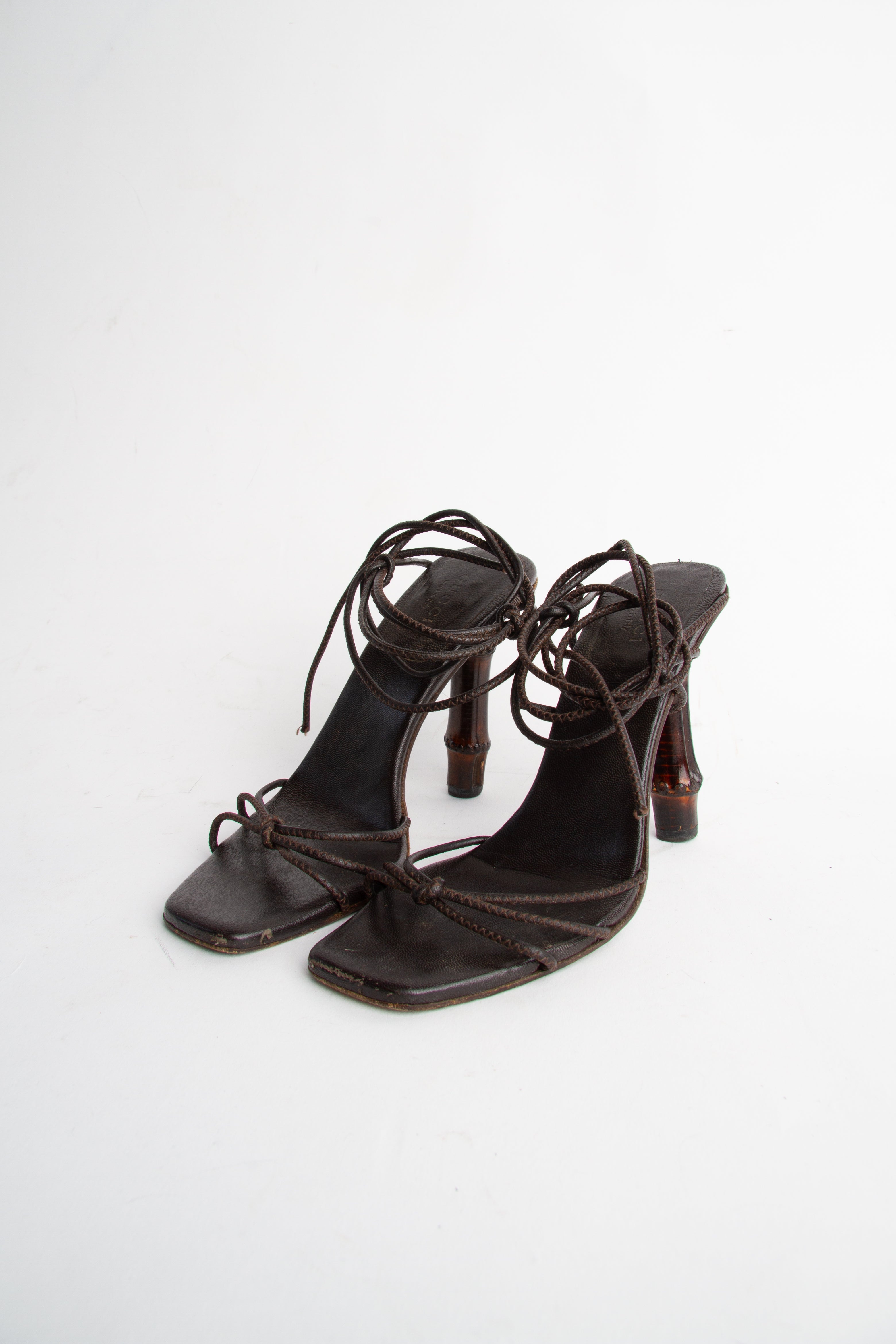 Vintage Gucci 2000s Size 36 Brown Leather Lace Up Bamboo Heels| Y2K Designer Heels Shoes