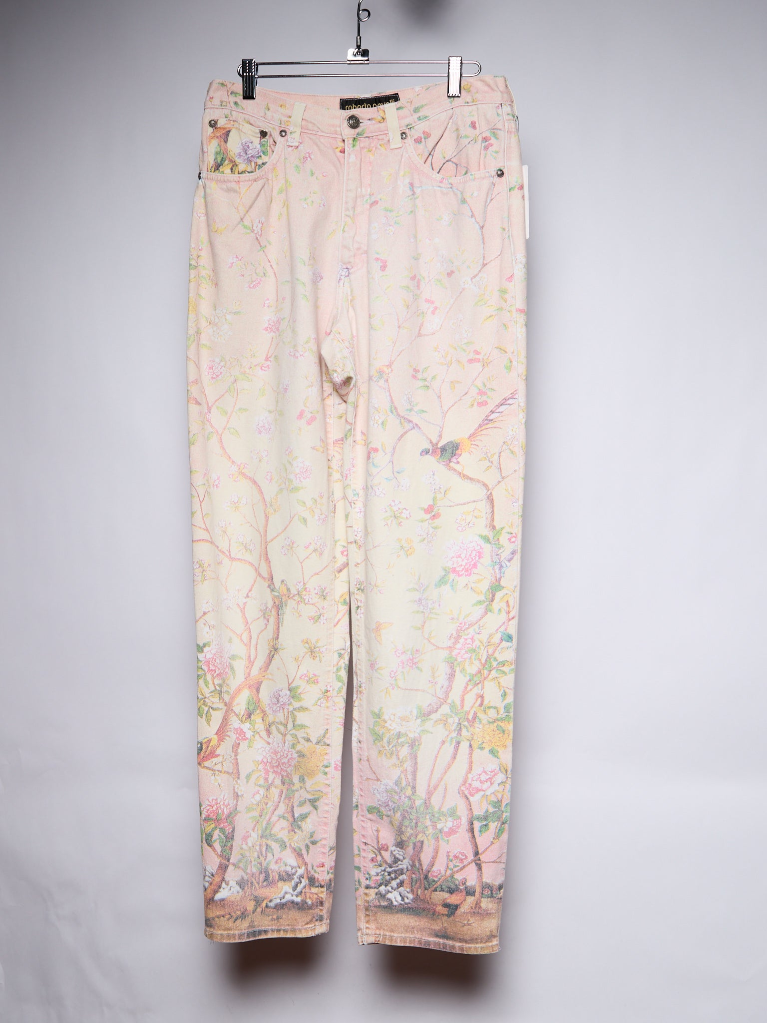 1998 SS Roberto Cavalli Pink Floral Bird Print Jeans