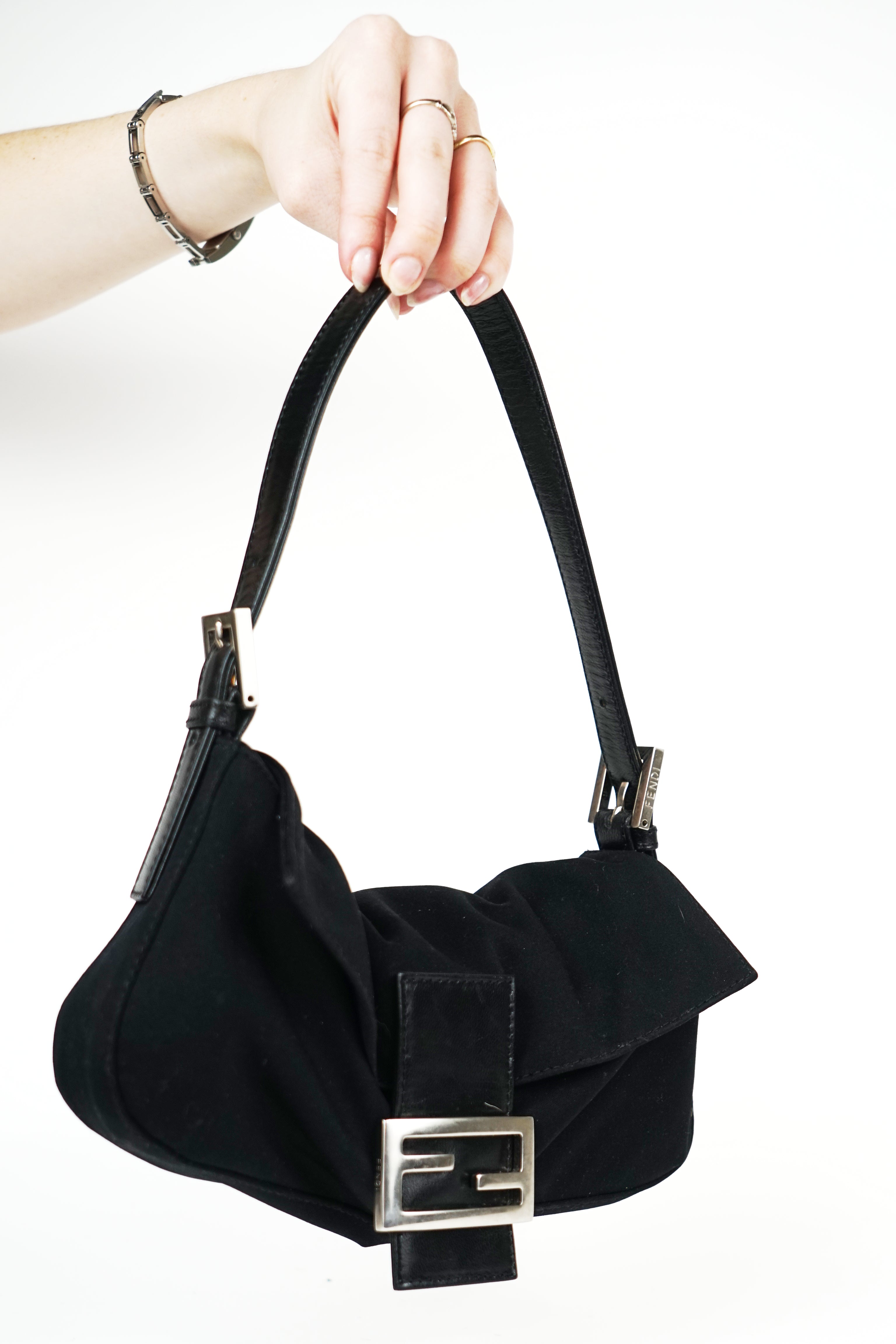 Fendi Black Nylon FF Logo Baguette
