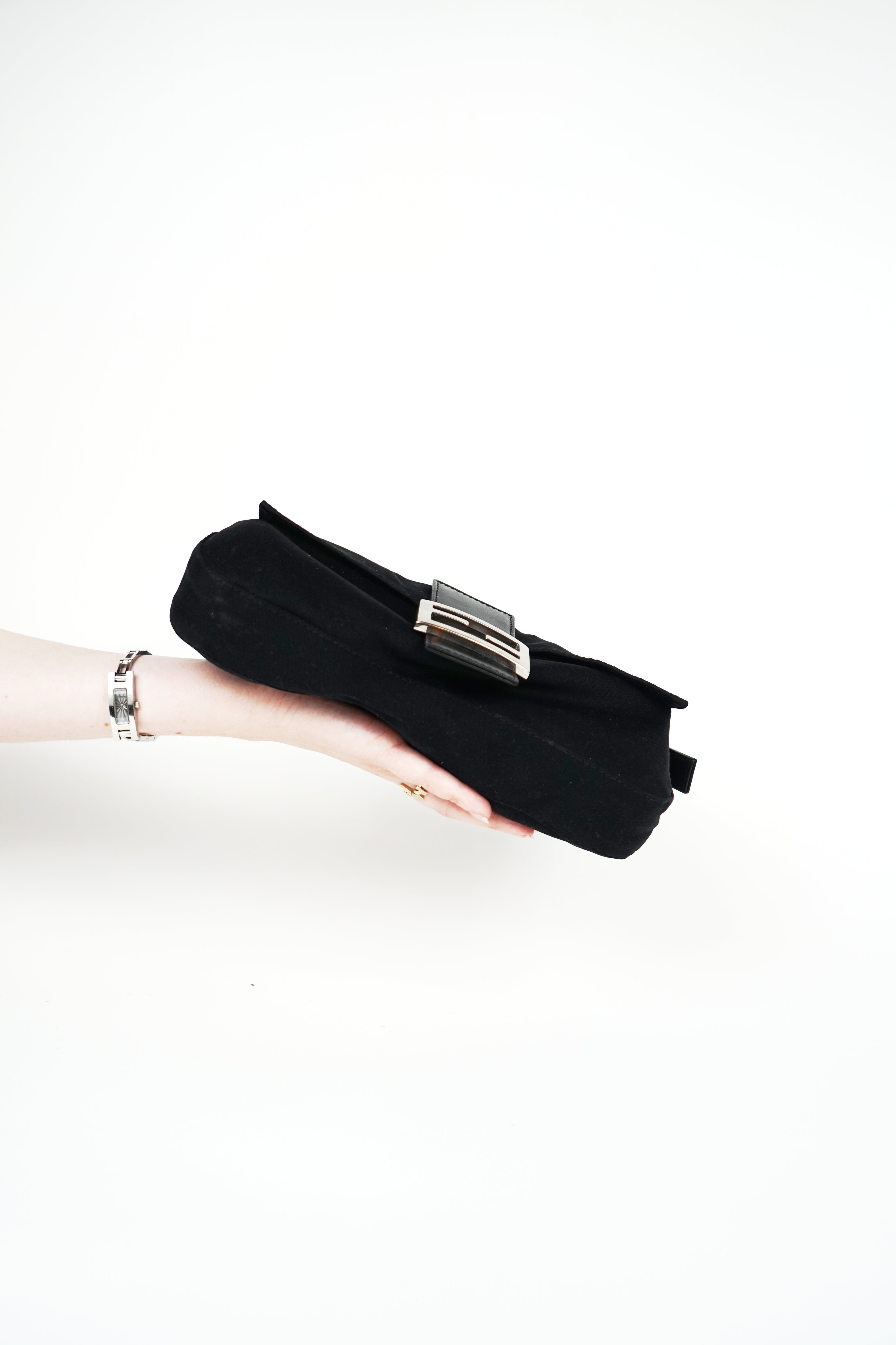 Fendi Black Nylon FF Logo Baguette