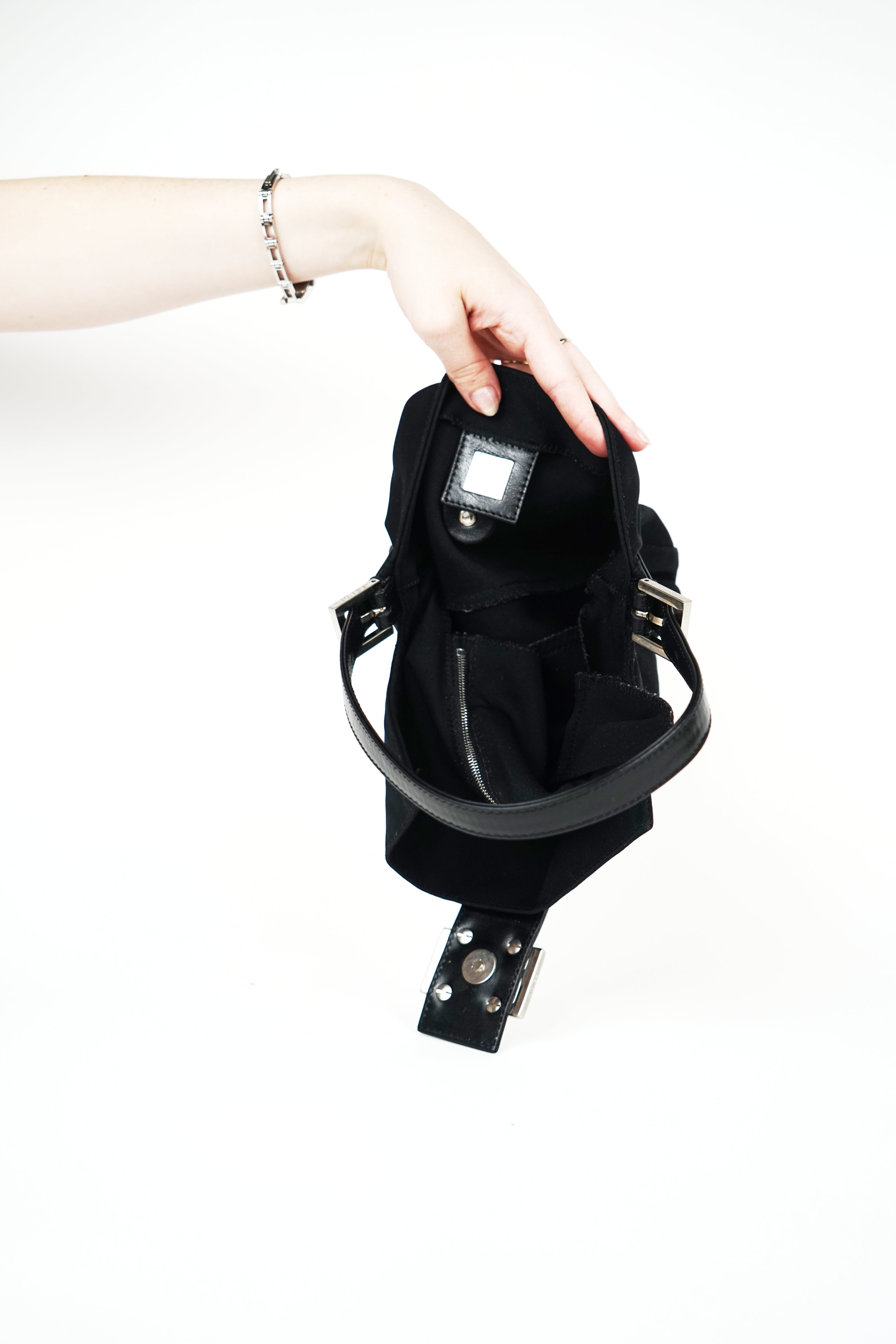 Fendi Black Nylon FF Logo Baguette