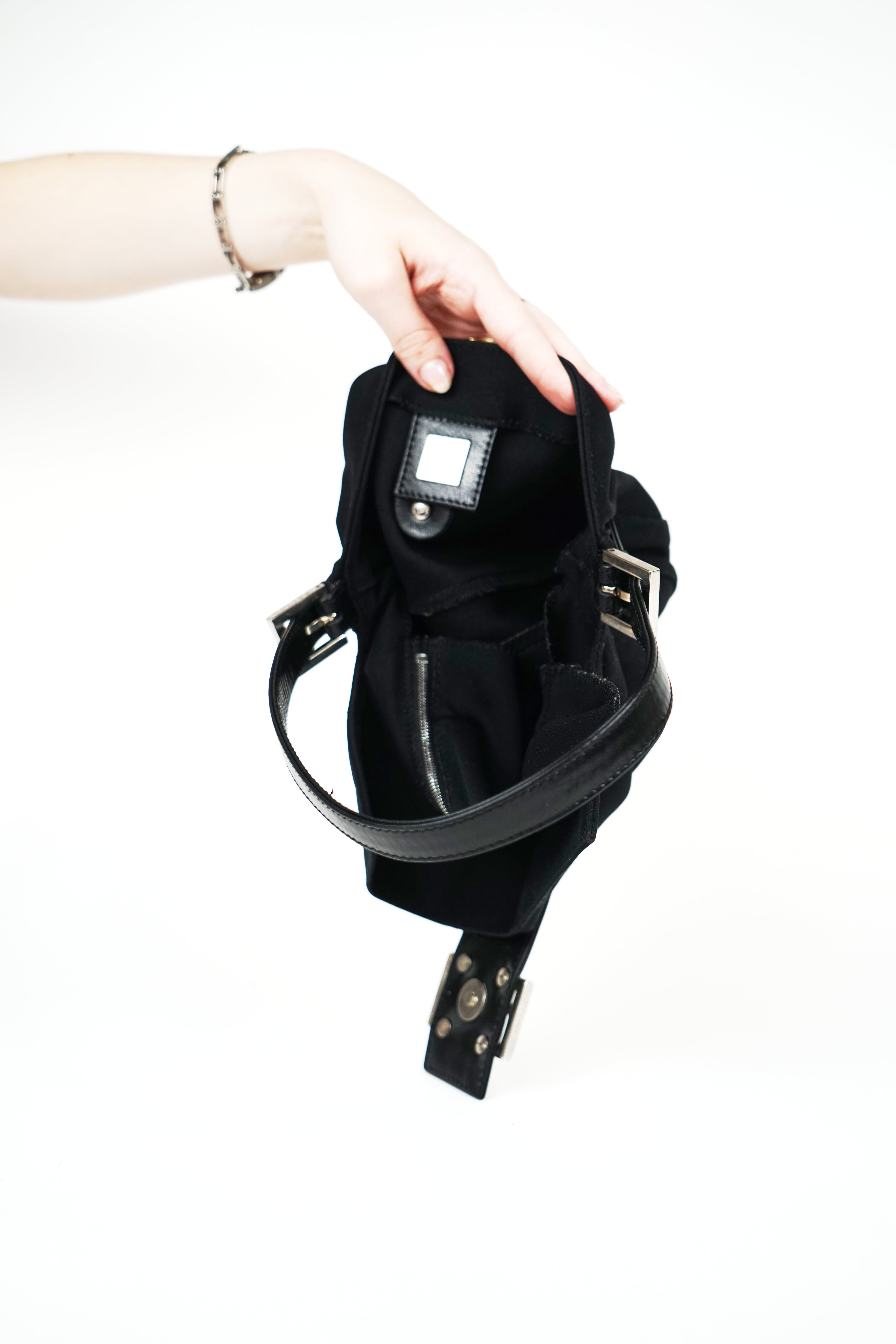 Fendi Black Nylon FF Logo Baguette