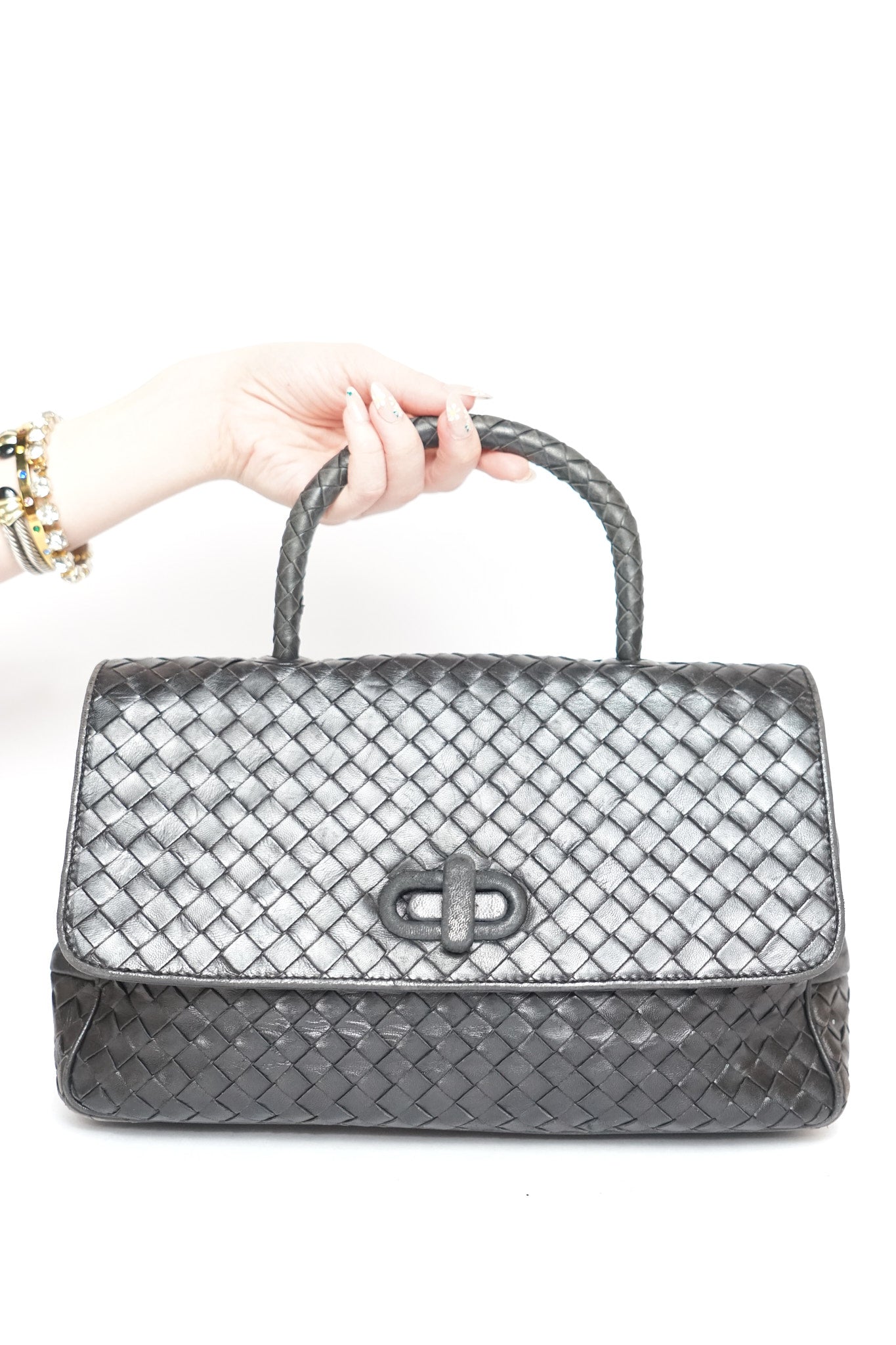 Bottega Veneta Black Inrecciato Top Handle Bag