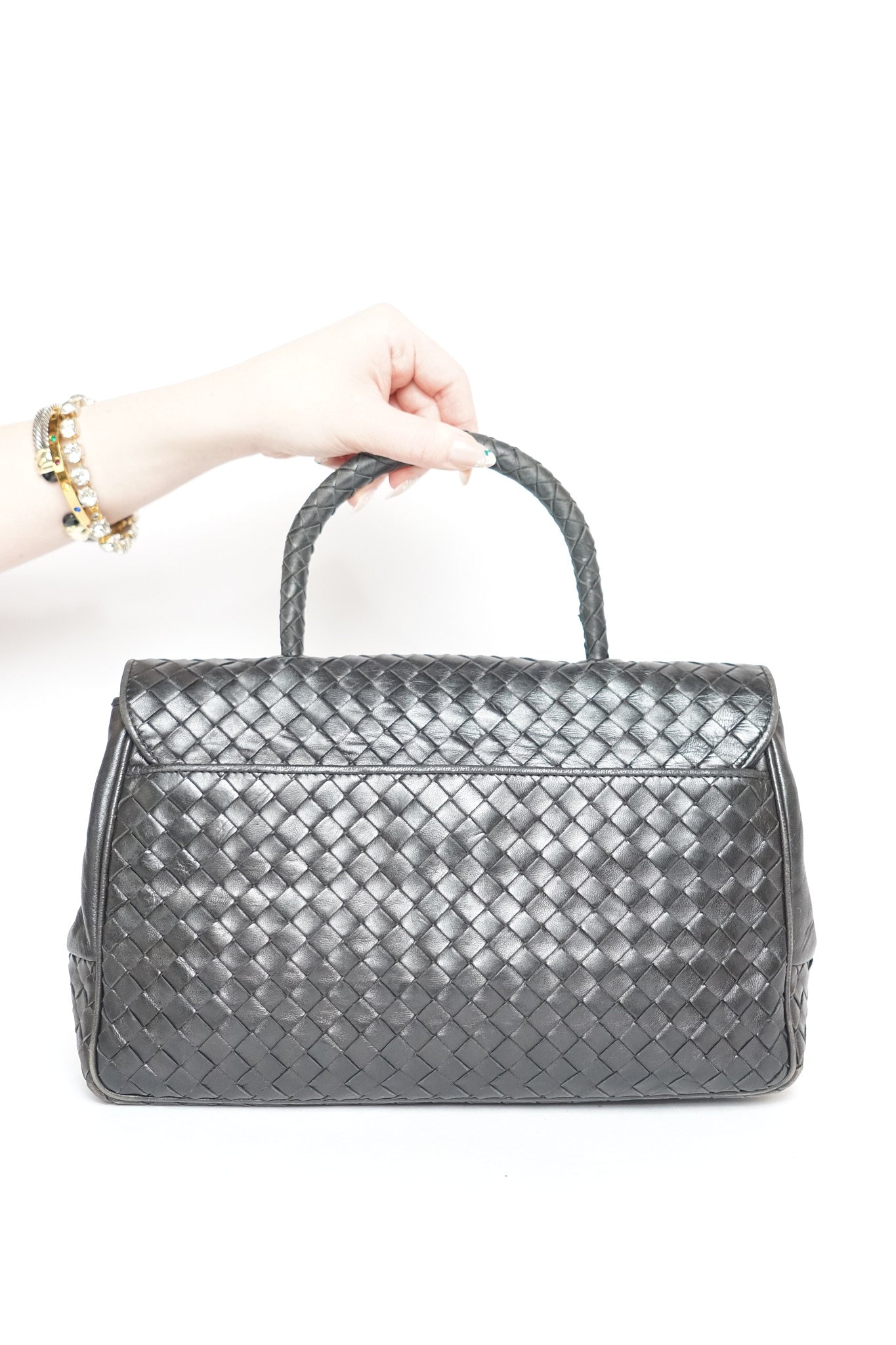 Bottega Veneta Black Inrecciato Top Handle Bag