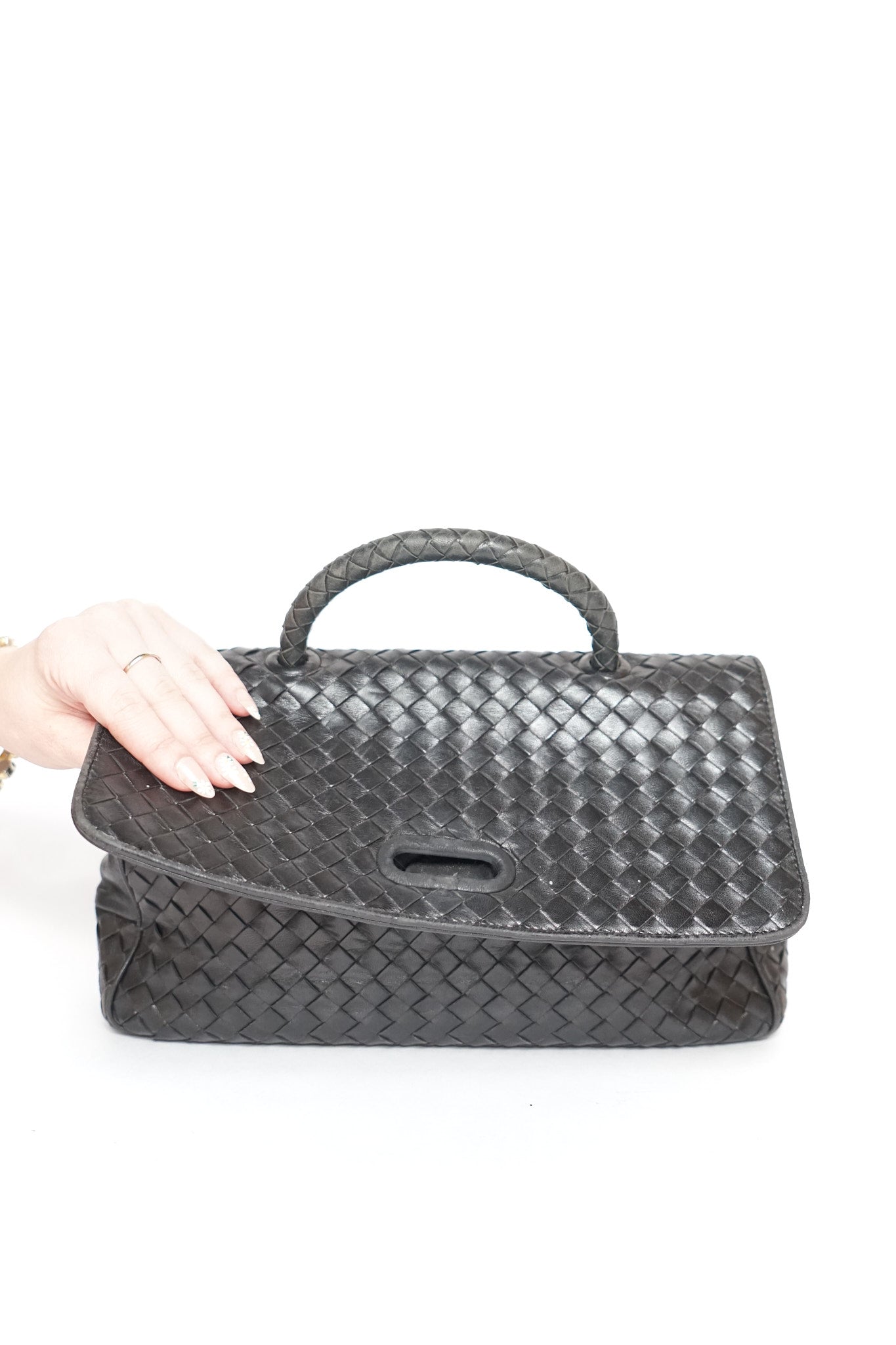 Bottega Veneta Black Inrecciato Top Handle Bag