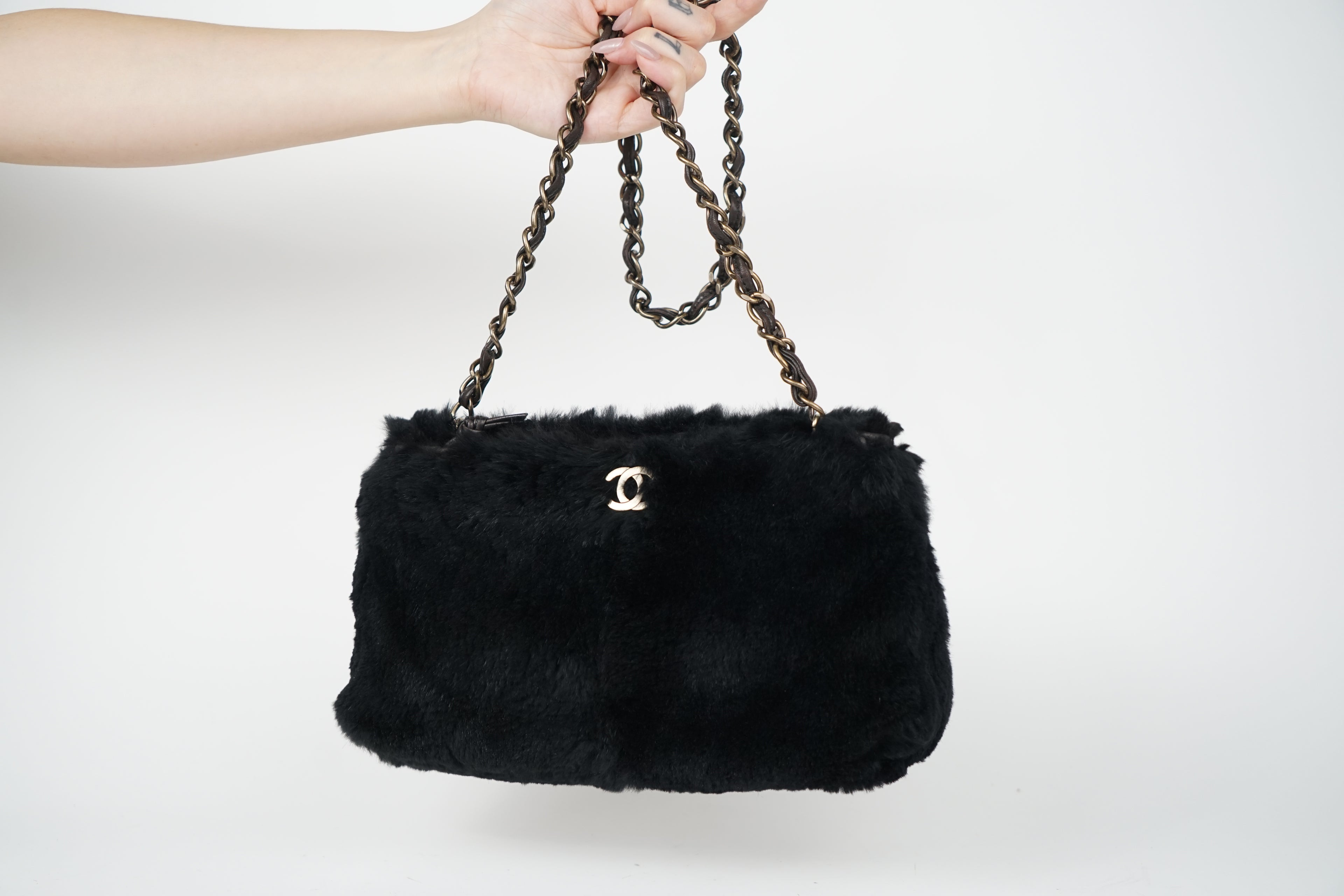 00's Chanel Black Rabbit Fur Crossbody Bag
