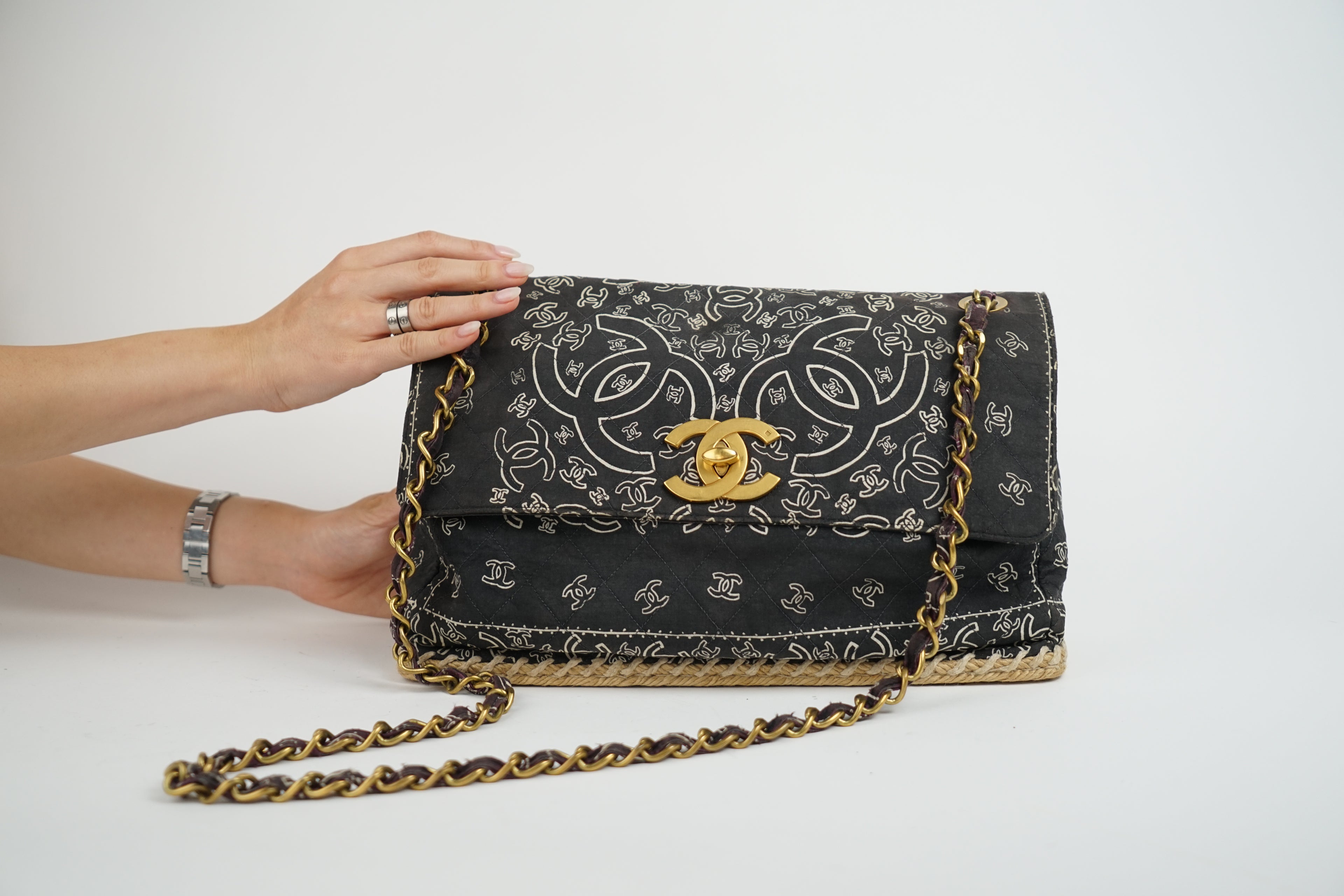 Chanel Bandana Printed Canvas and Rattan Bag, 2000's