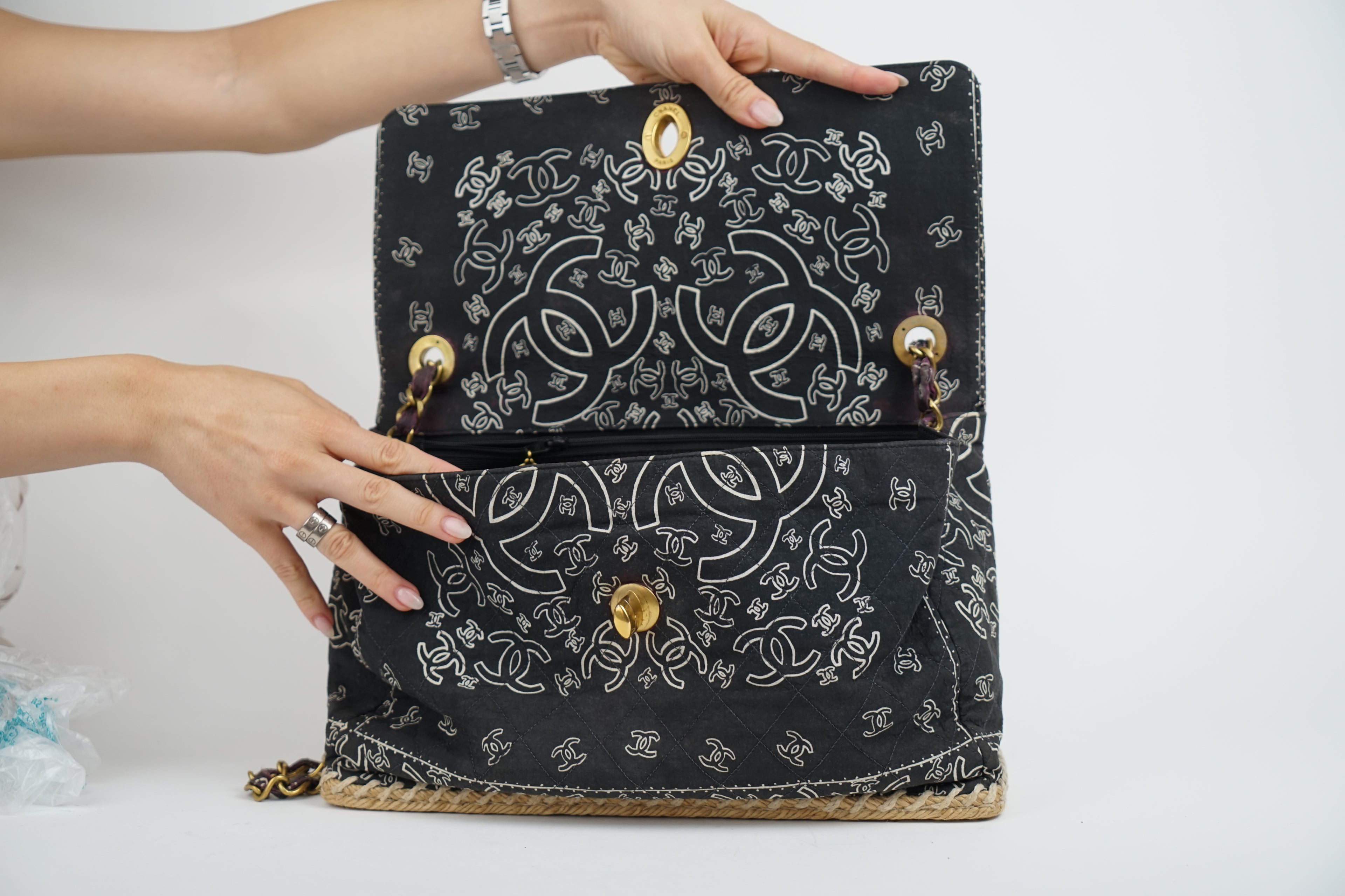 Chanel Bandana Printed Canvas and Rattan Bag, 2000's