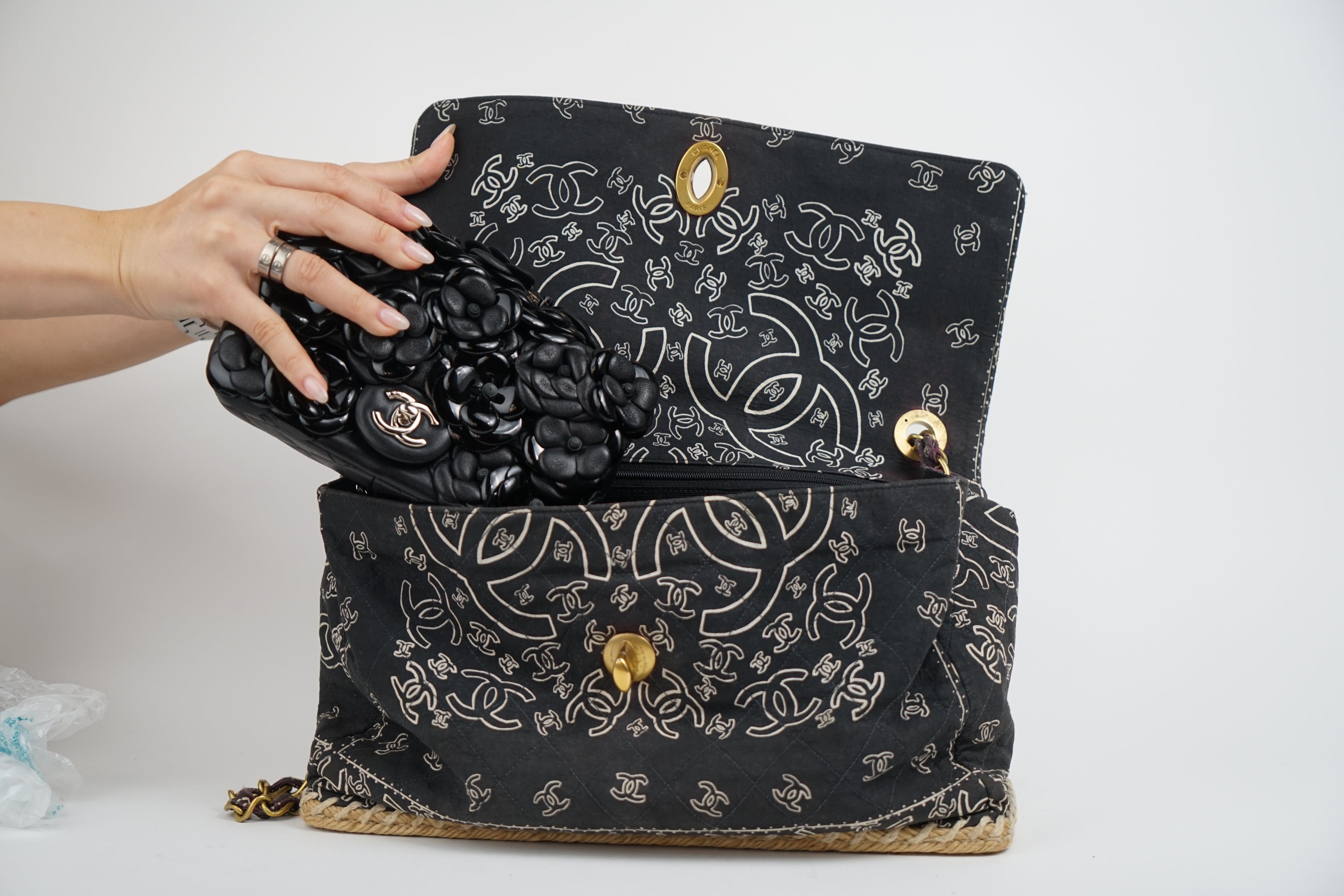 Chanel Bandana Printed Canvas and Rattan Bag, 2000's