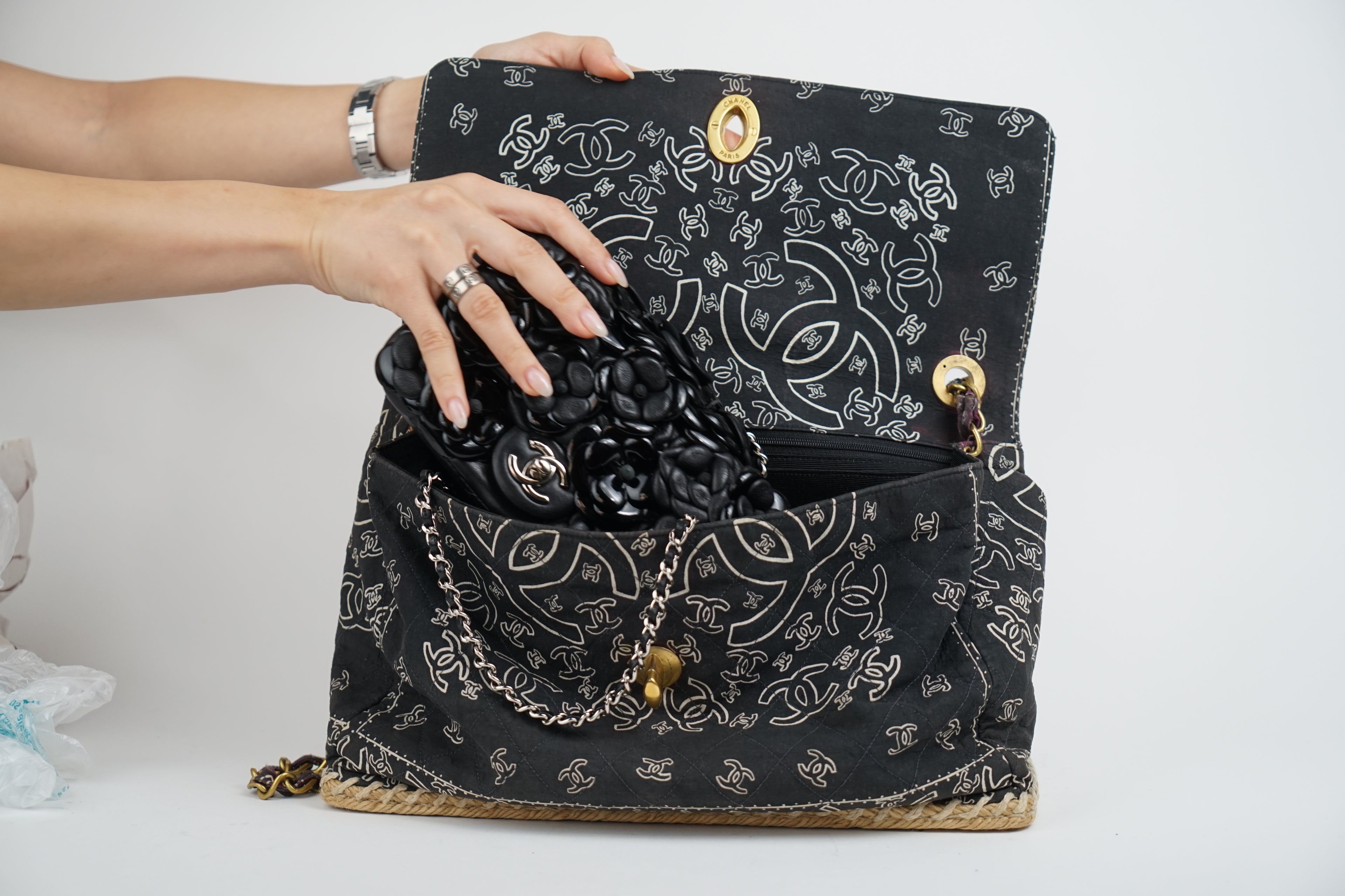 Chanel Bandana Printed Canvas and Rattan Bag, 2000's