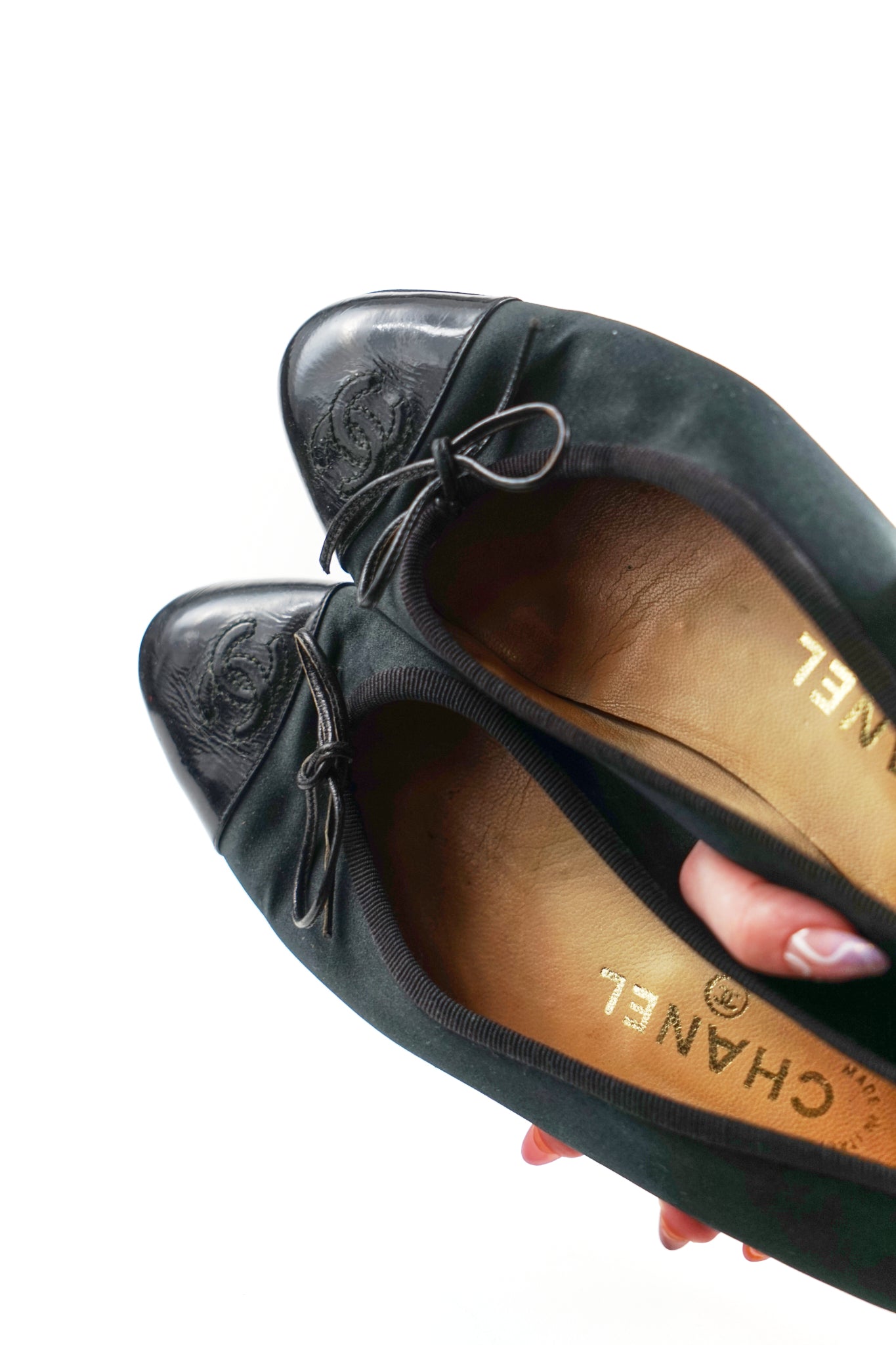 Chanel Black Satin and Patent Cap Toe Flats, FR 39
