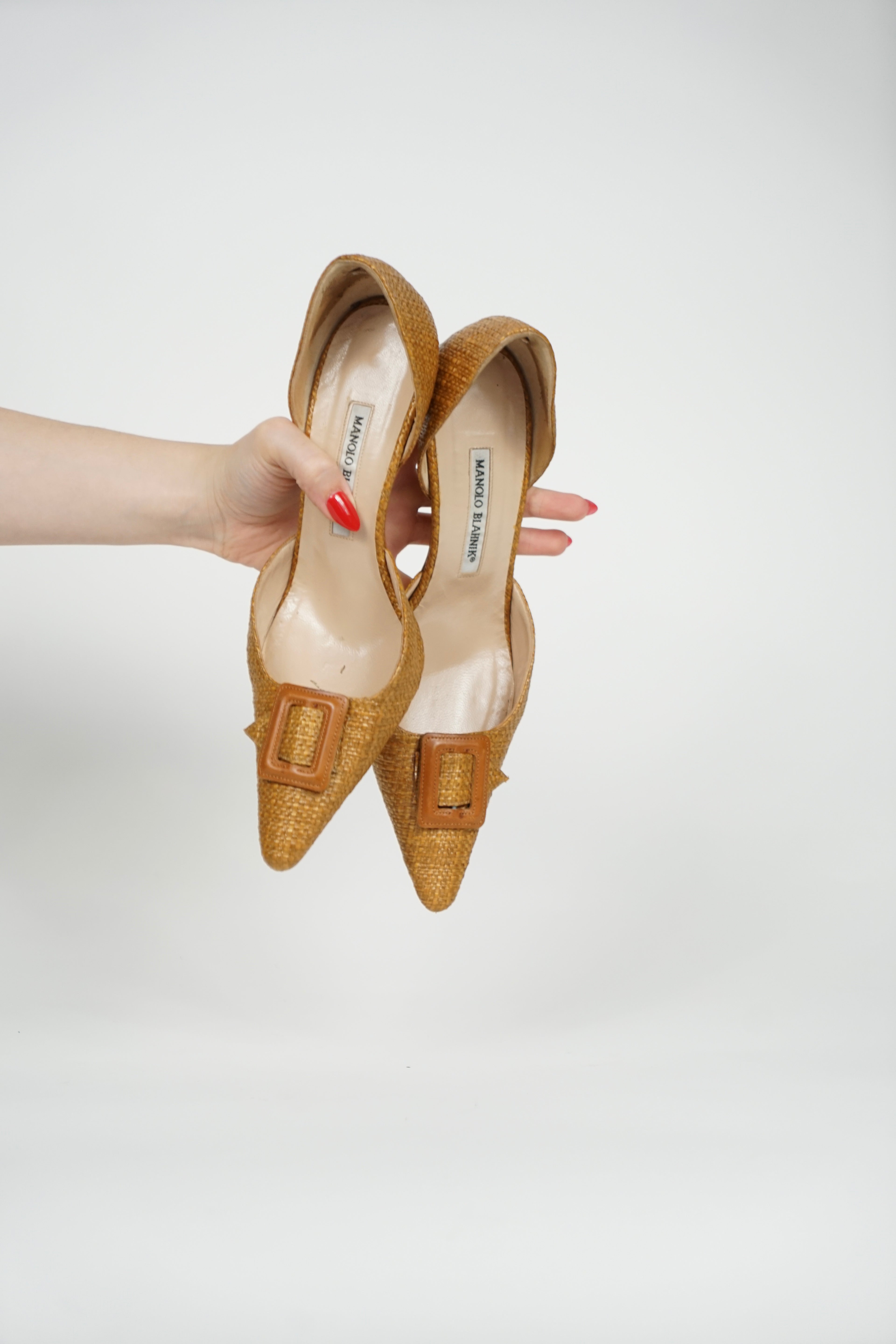 Manolo Blahnik Tan Rattan Heels with Buckle