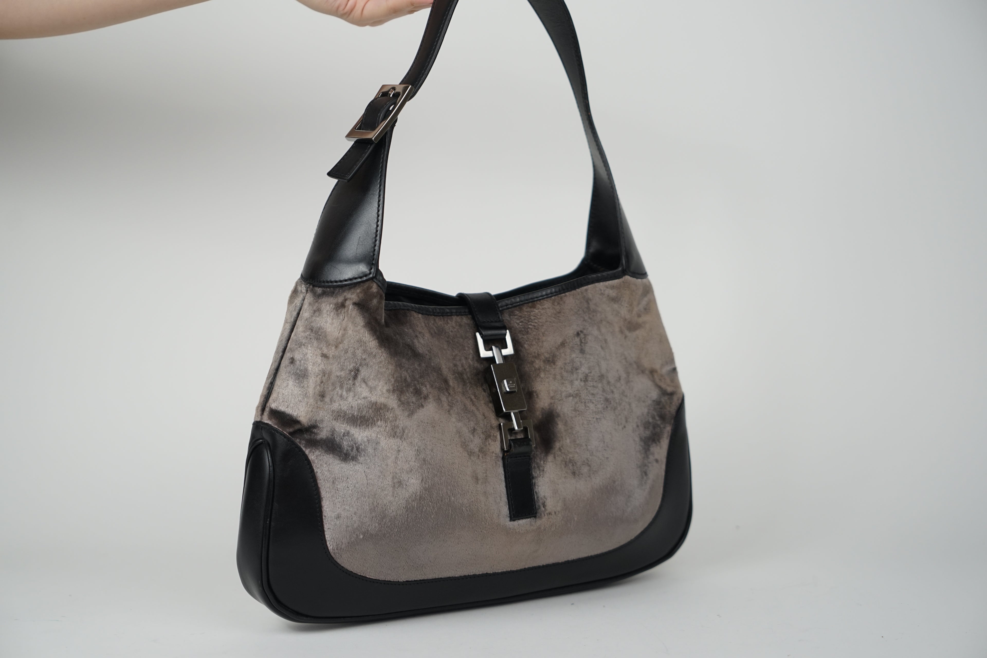 Vintage Gucci Gray Velvet and Black Leather Jackie Bag