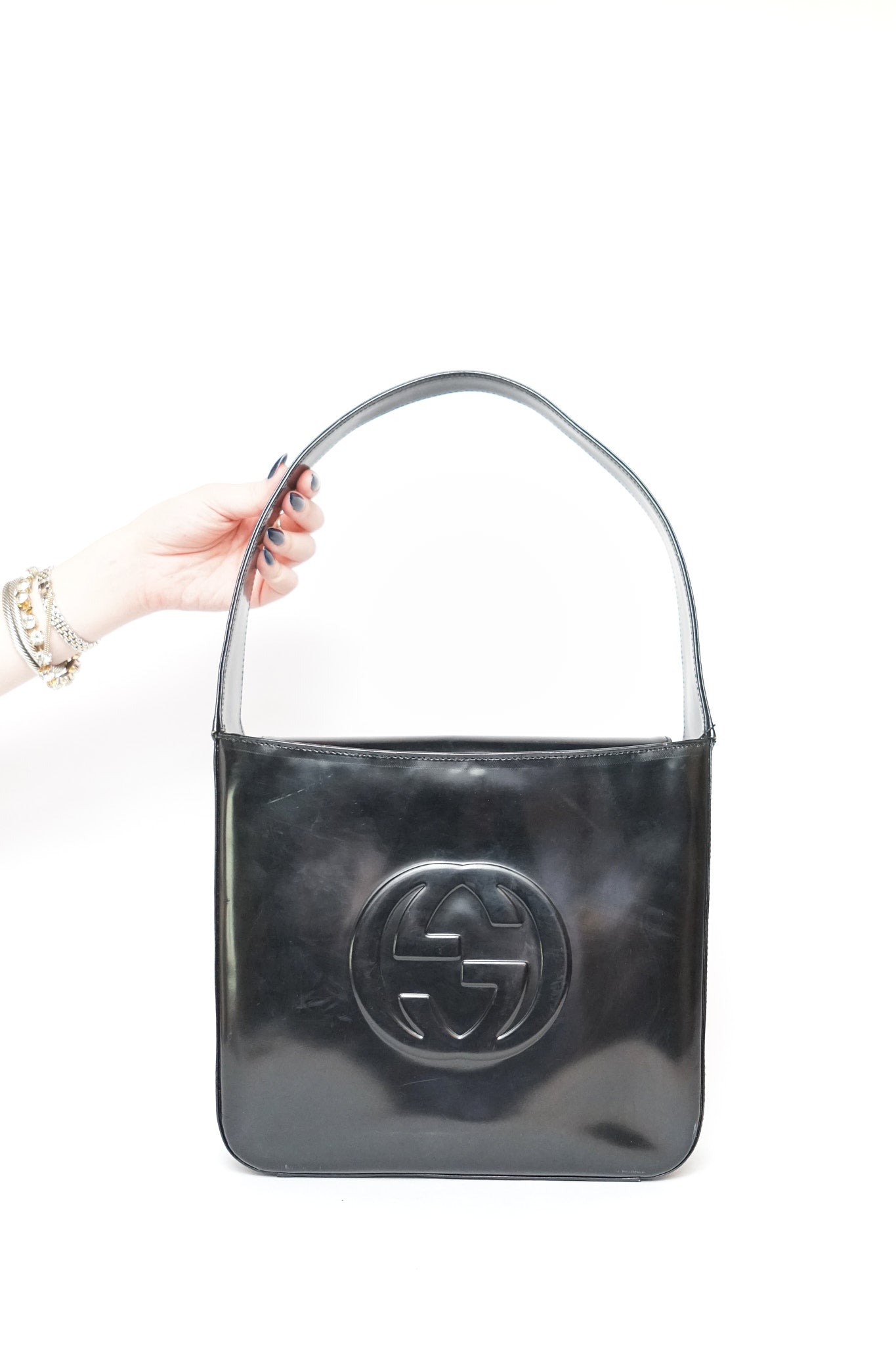 Gucci Black Embossed GG Patent Shoulder Bag