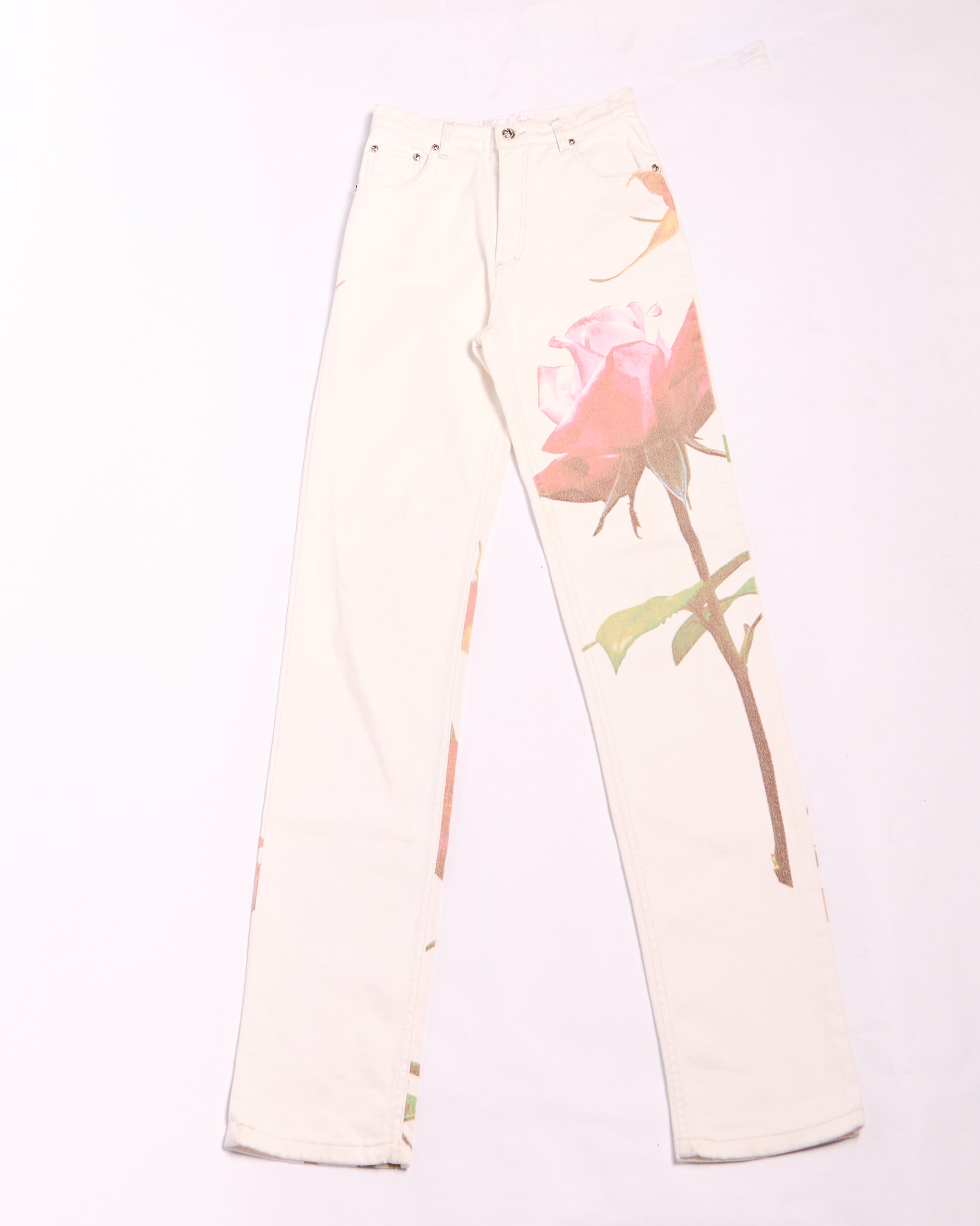 90's Roberto Cavalli White Rose Print Jeans Size S W28