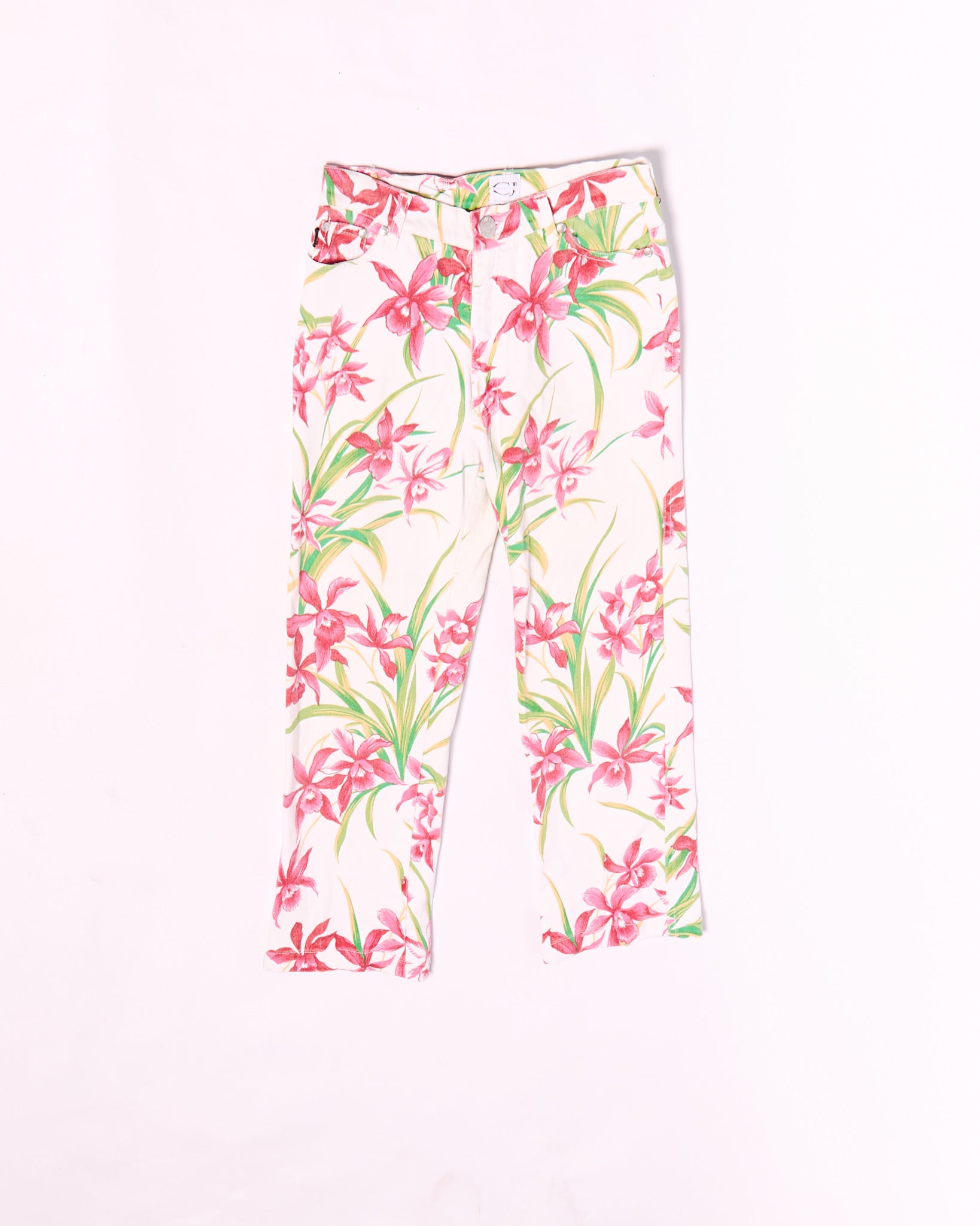 2000s Cavalli Jeans White Red Flower Print Jeans Size S W26