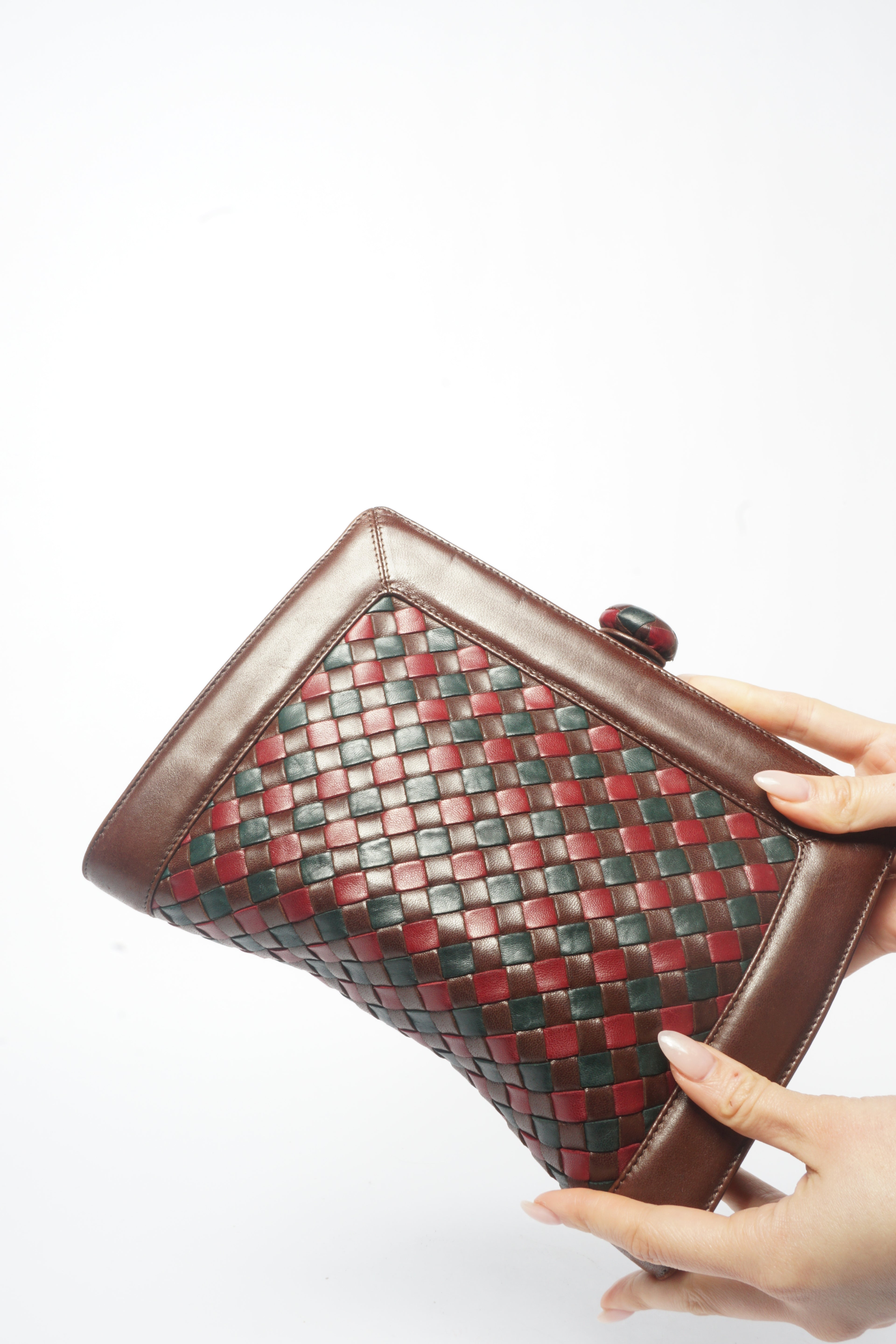 1980's Bottega Veneta Vintage Intrecciato Red & Brown Woven Leather Clutch Bag