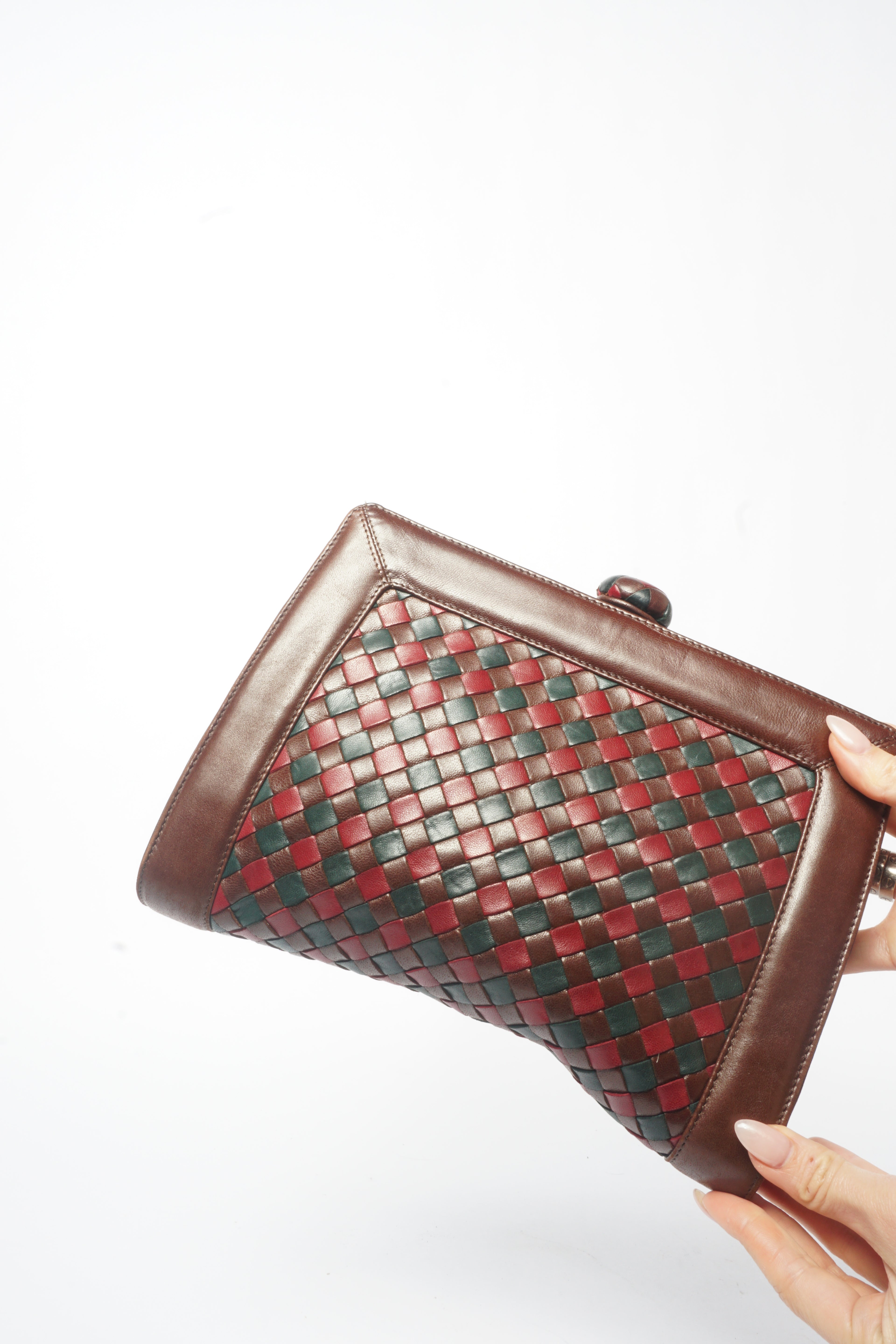 1980's Bottega Veneta Vintage Intrecciato Red & Brown Woven Leather Clutch Bag
