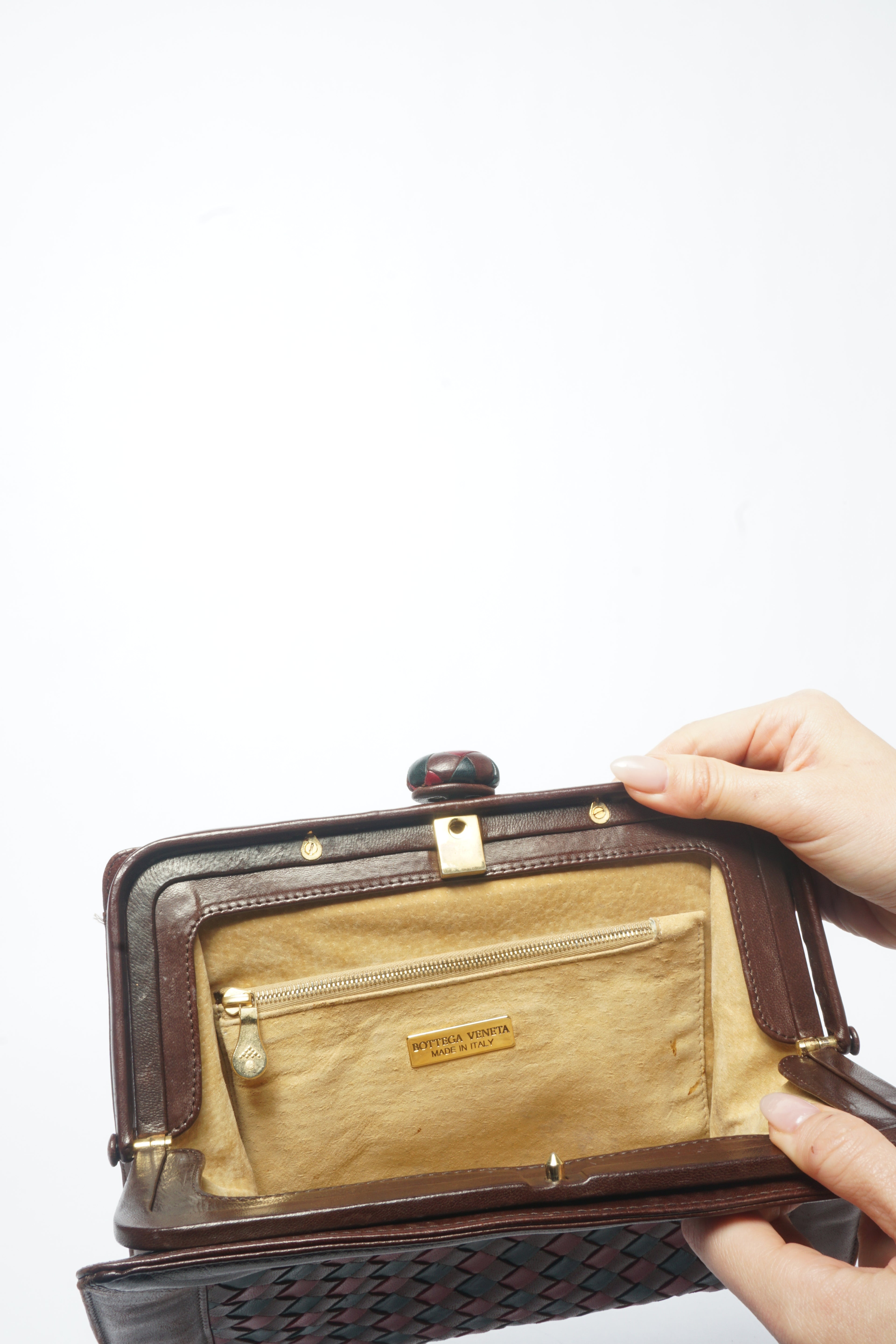 1980's Bottega Veneta Vintage Intrecciato Red & Brown Woven Leather Clutch Bag