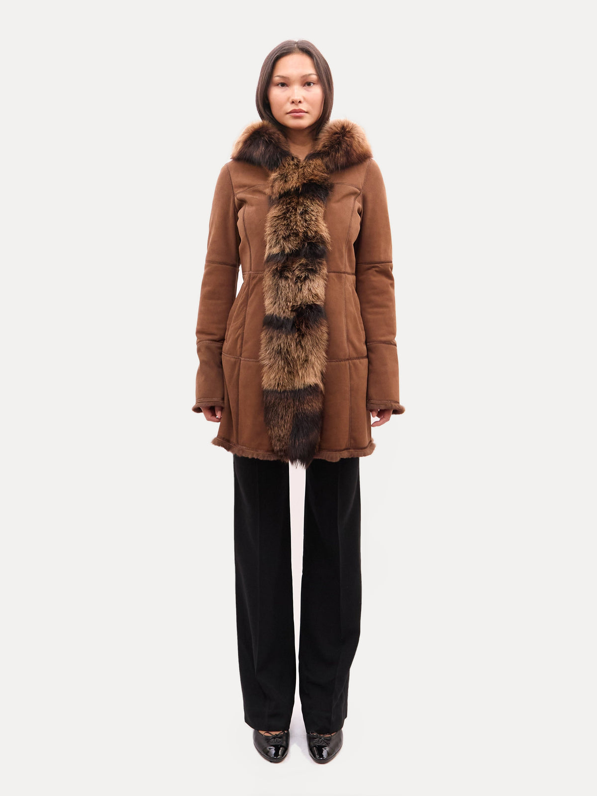 Vintage Brown Shearling Coat with Fox Fur Trim