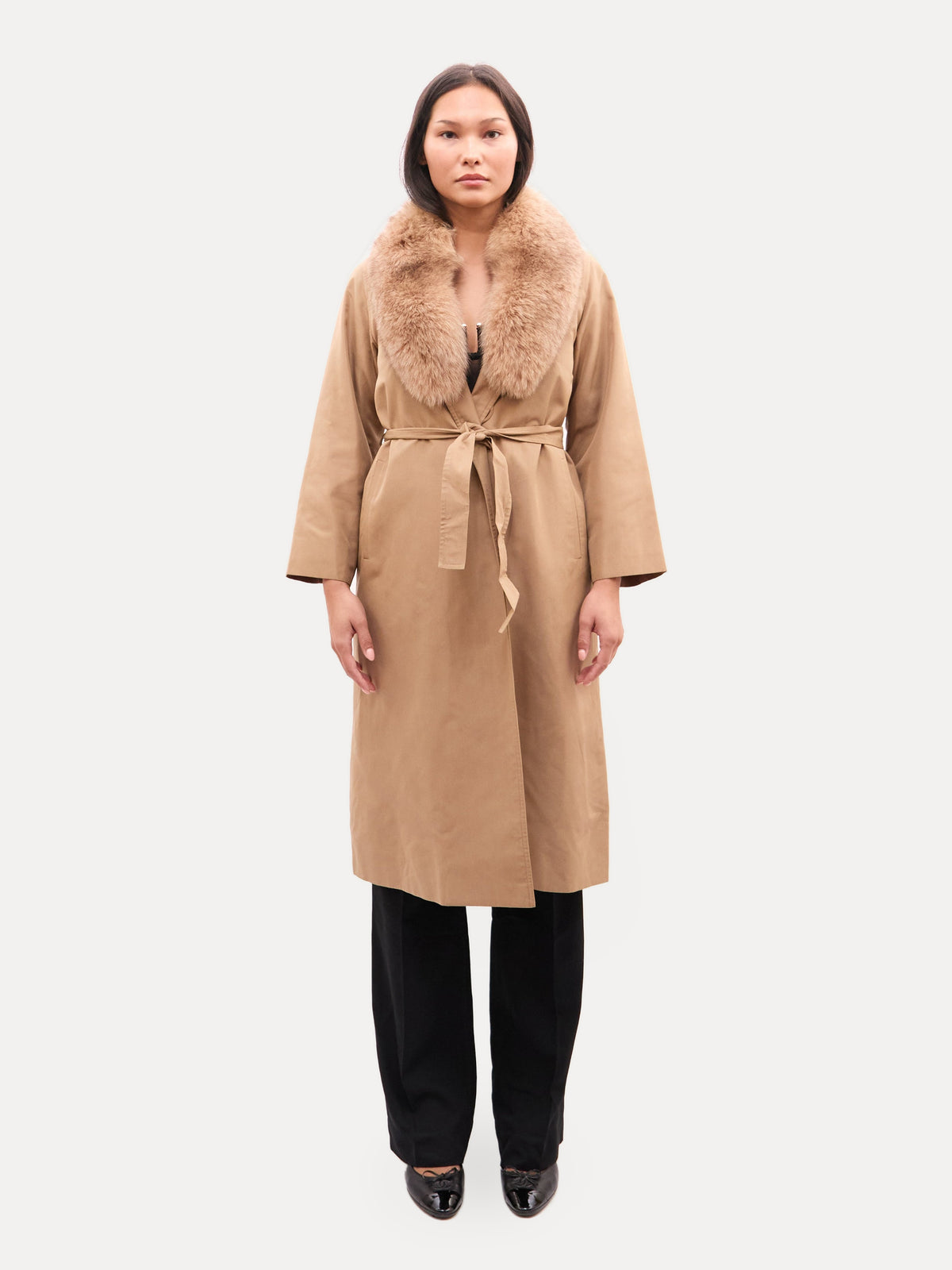 Vintage Tan Trench Coat with Fox Fur Collar