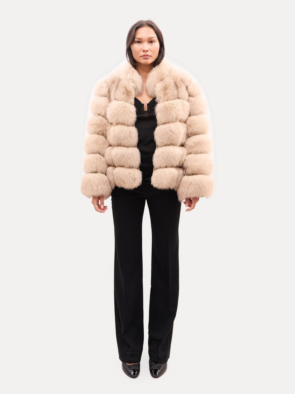 Vintage Beige Horizontal Tiered Fox Fur Coat