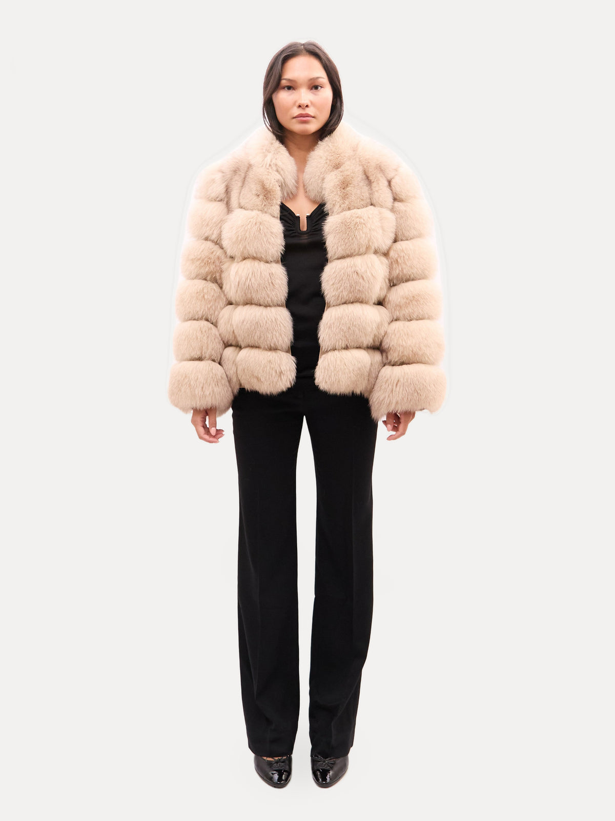 Vintage Beige Horizontal Tiered Fox Fur Coat