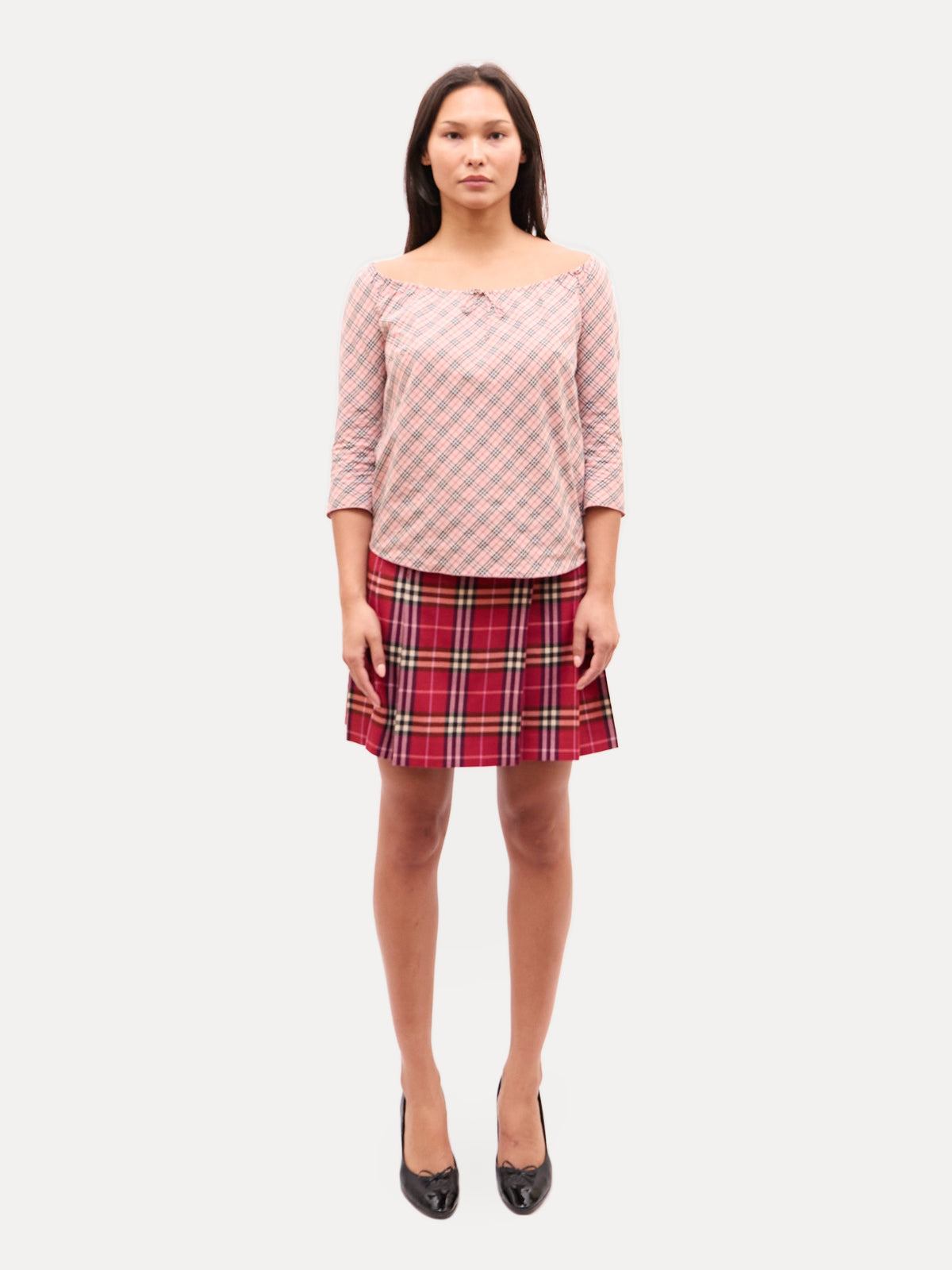 Burberry Pink Linen Nova Check Scoop Neck Top