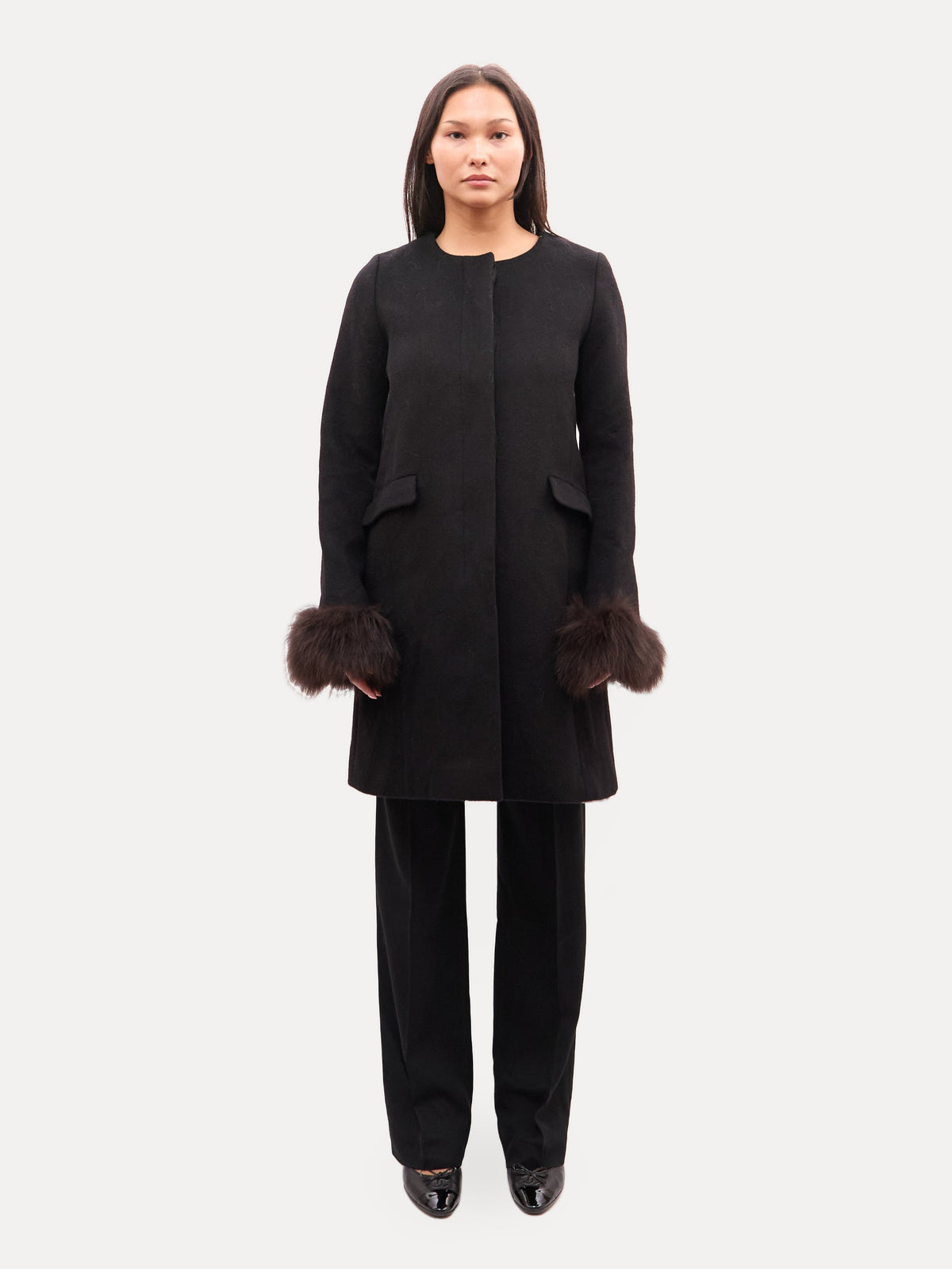 Vintage Black Cashmere Collarless Fox Fur Trim Coat