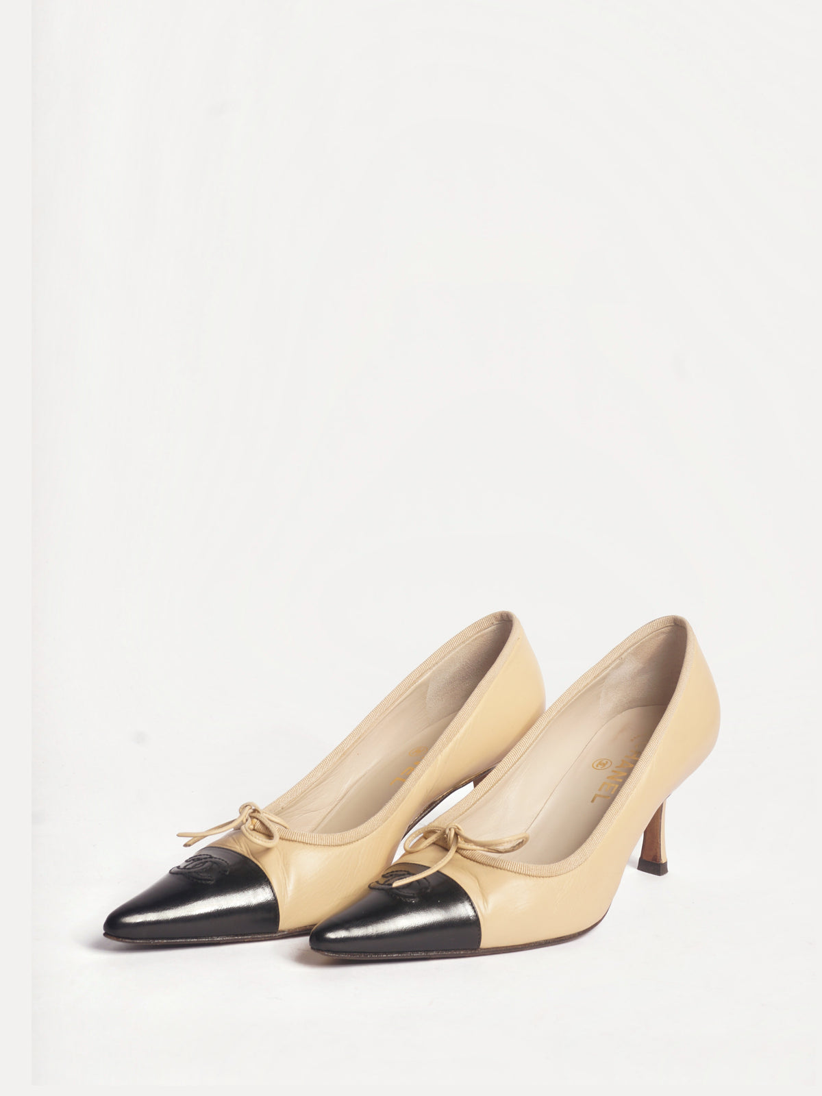 Chanel Tan Pointy Cap Toe Pumps, FR 38.5
