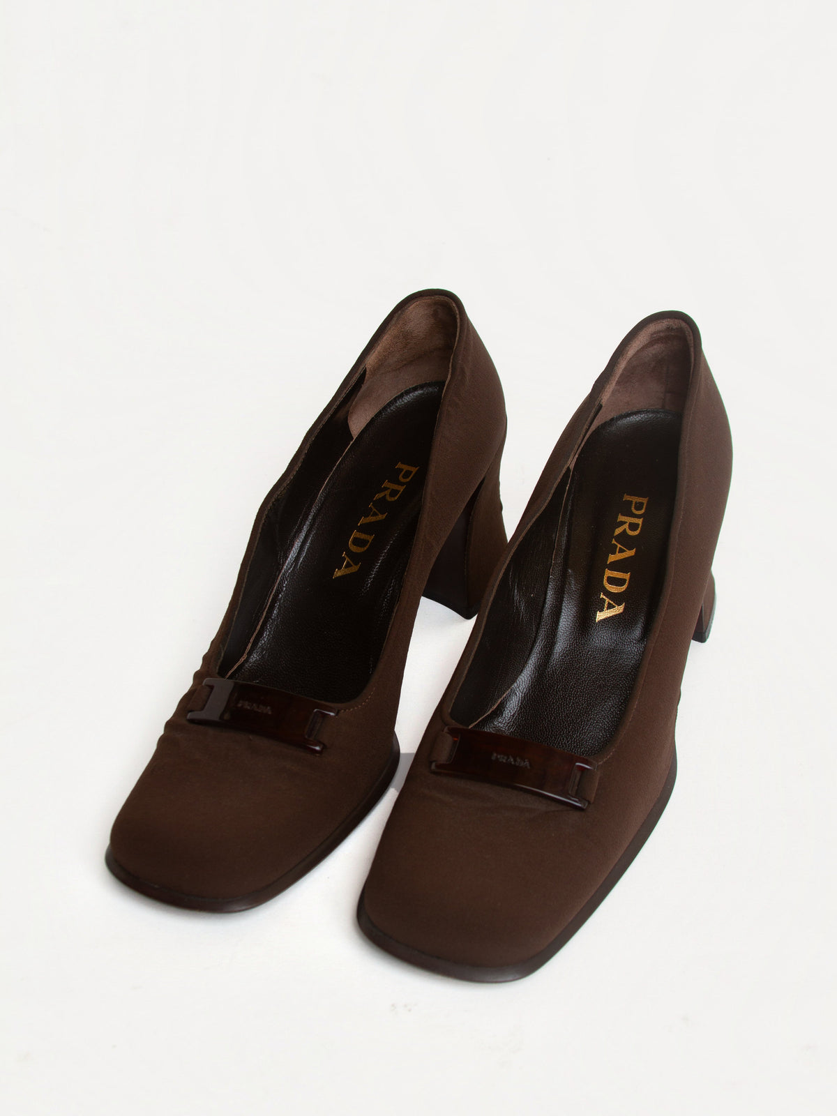 Vintage 90s Prada Size 38.5 Square Toe Brown Block Heels | Y2K Designer Shoes