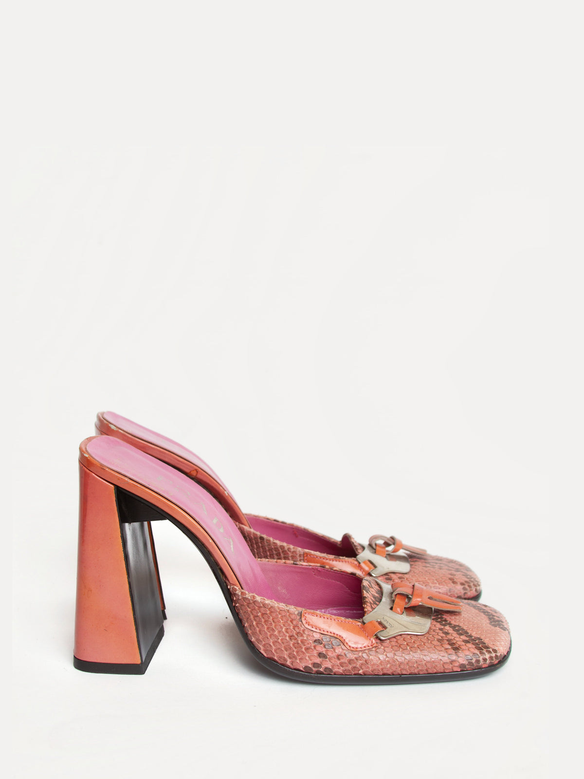 Vintage FW 1999 Prada Size 39 Square Toe Snakeskin Block Heels | Y2K Designer Shoes