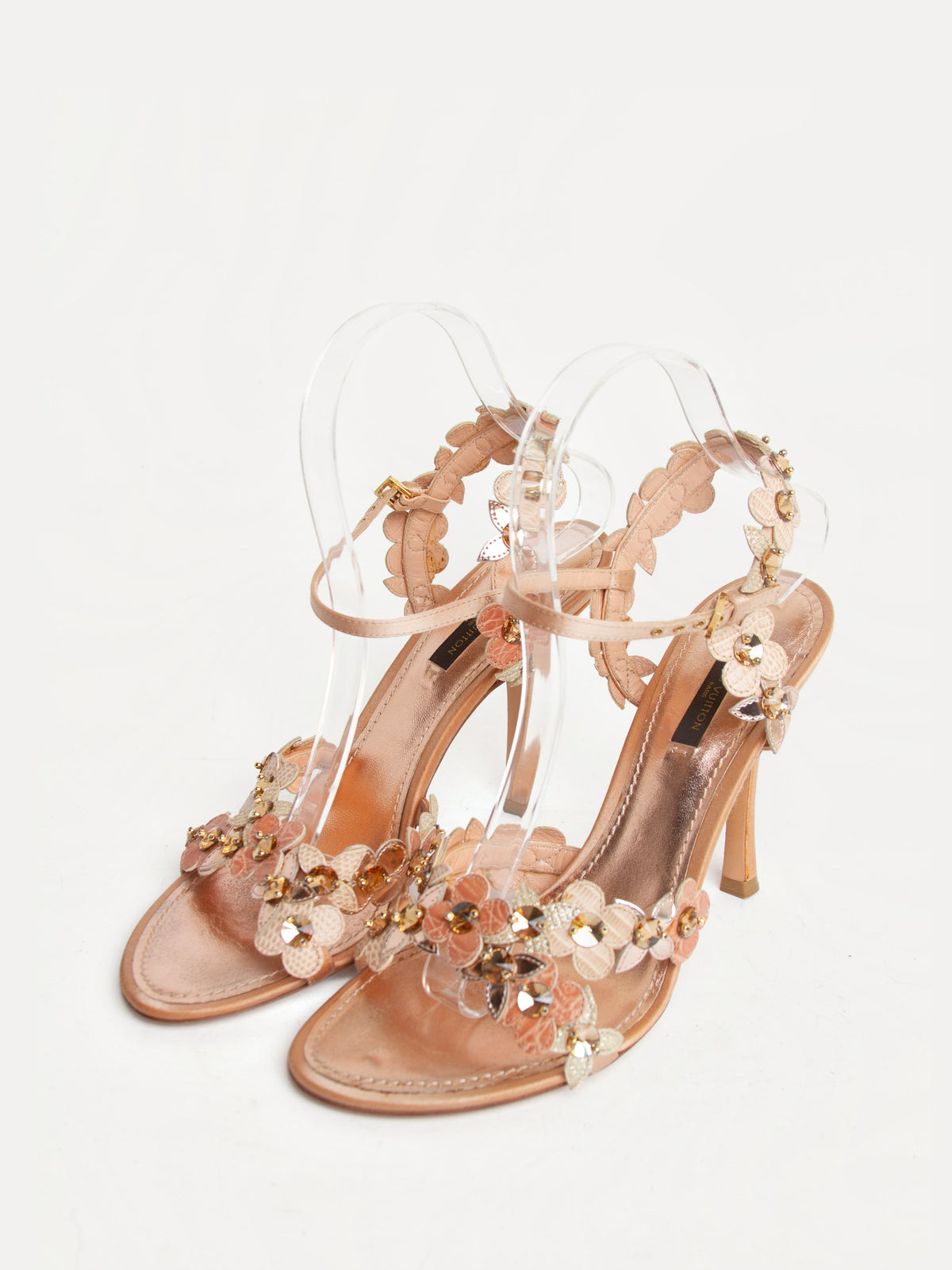 Louis Vuitton Size 38 Rose Gold Leather Flower Crystal Embellished Sandals with Box | Y2K Designer Shoes Heels