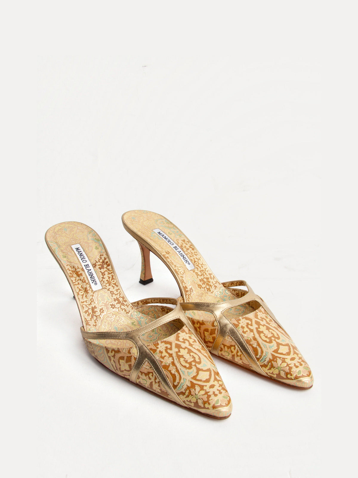 Manolo Blahnik Size 39.5 Gold Embroidered Mules| Y2K Designer Heels Shoes