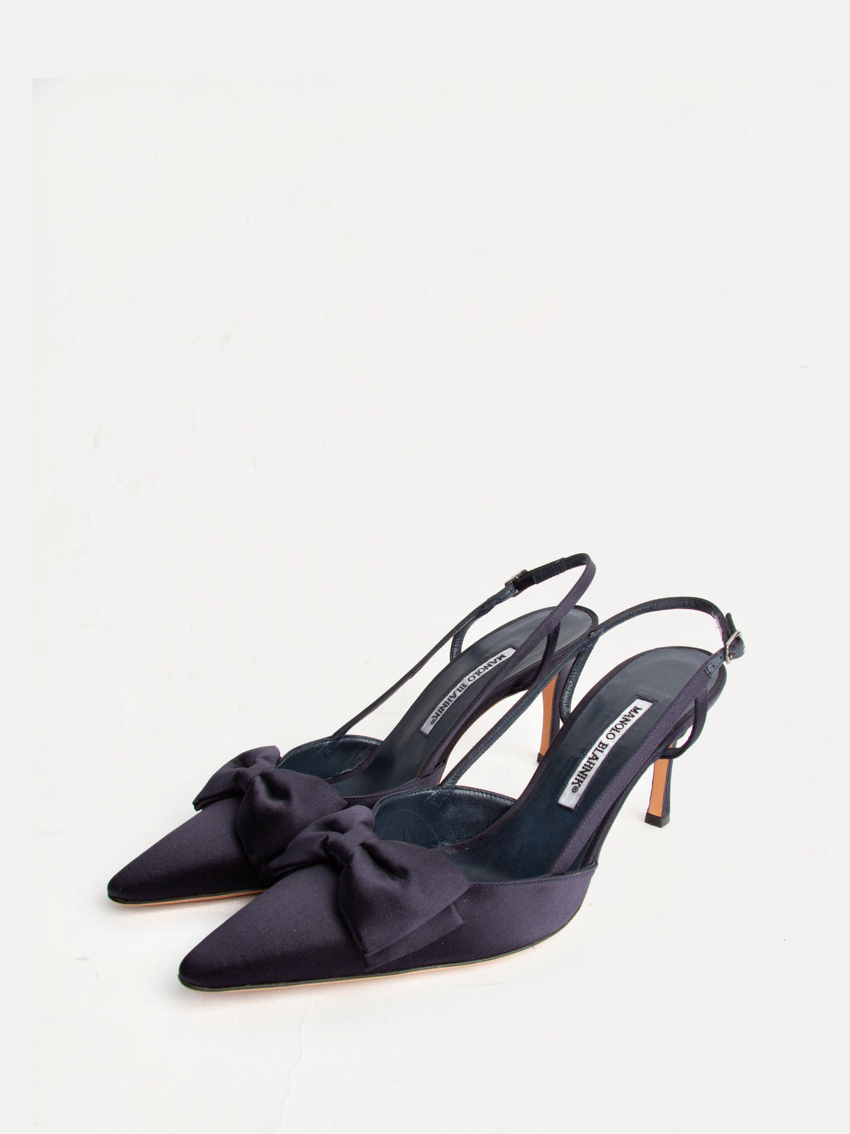 Manolo Blahnik Size 40 Navy Satin Bow Slingbacks | Y2K Designer Heels Shoes