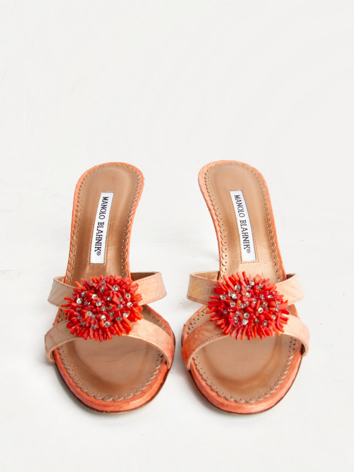 Manolo Blahnik Size 36 Orange Metallic Beading Detail Mules| Y2K Designer Heels Shoes