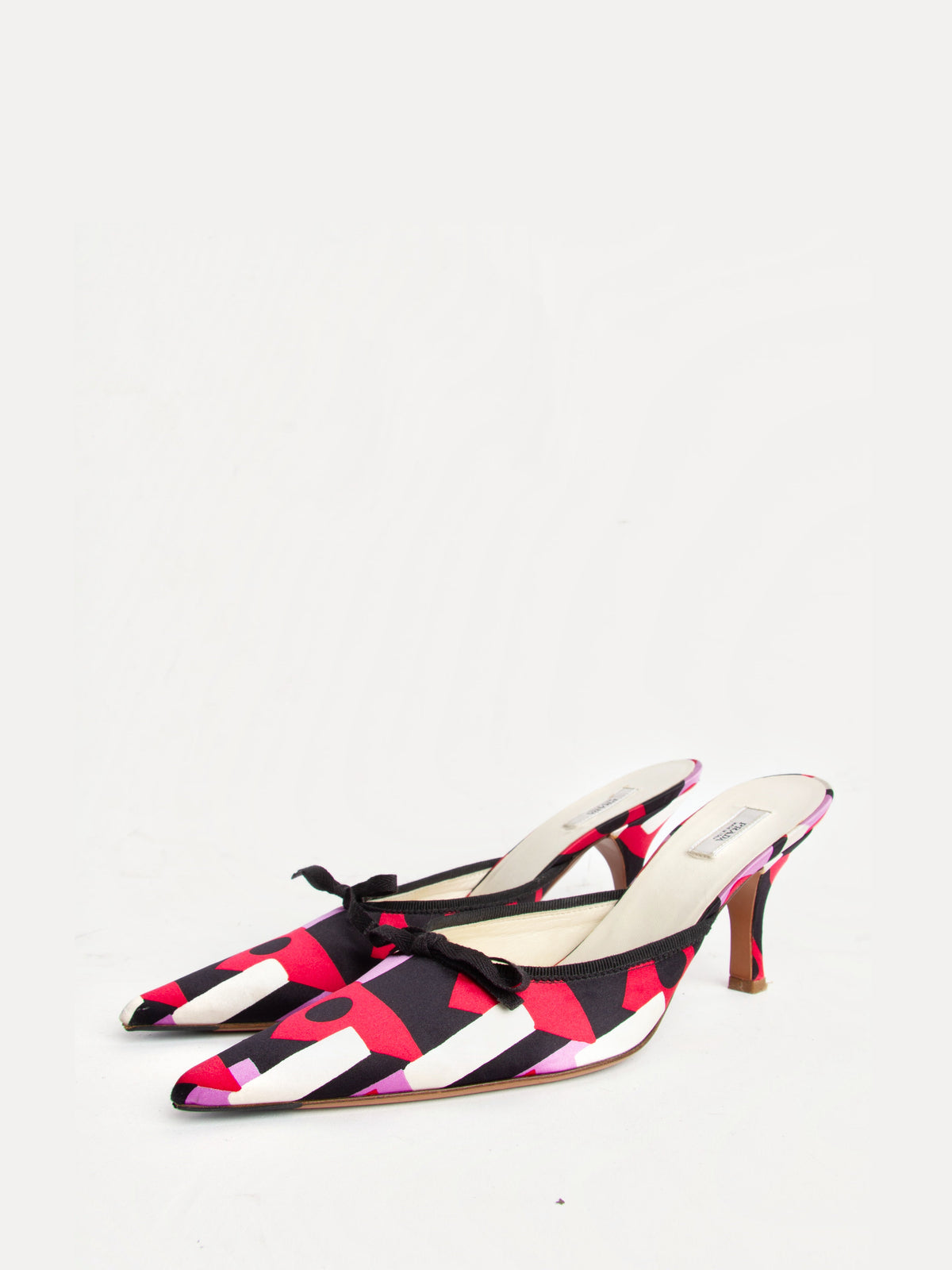 Vintage Prada 2000s Size 37.5 Multicolor Satin Pointed Toe Kitten Heels | Y2K Designer Heels Shoes