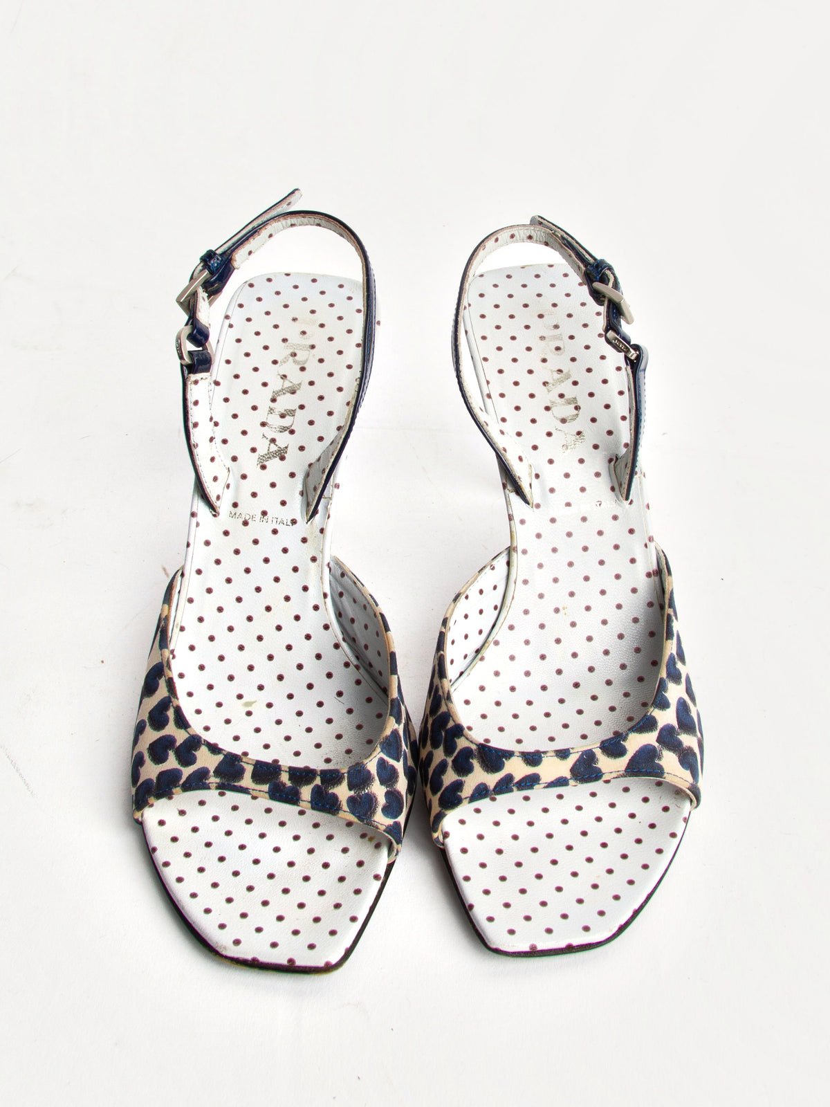 Vintage Prada SS 2000 Size 37.5 Heart Print Open Toe Slingbacks | Y2K Designer Heels Shoes