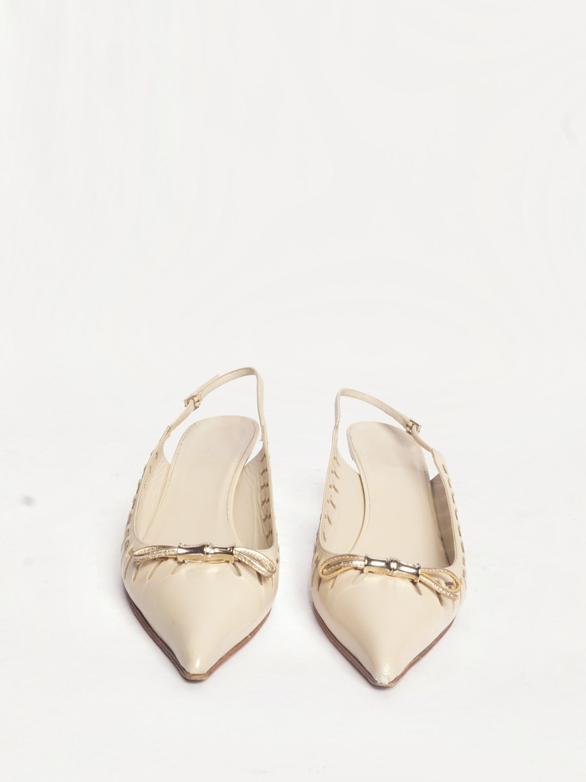 Gucci Leather Pointed Toe Kitten Heels w/ Gold Bows