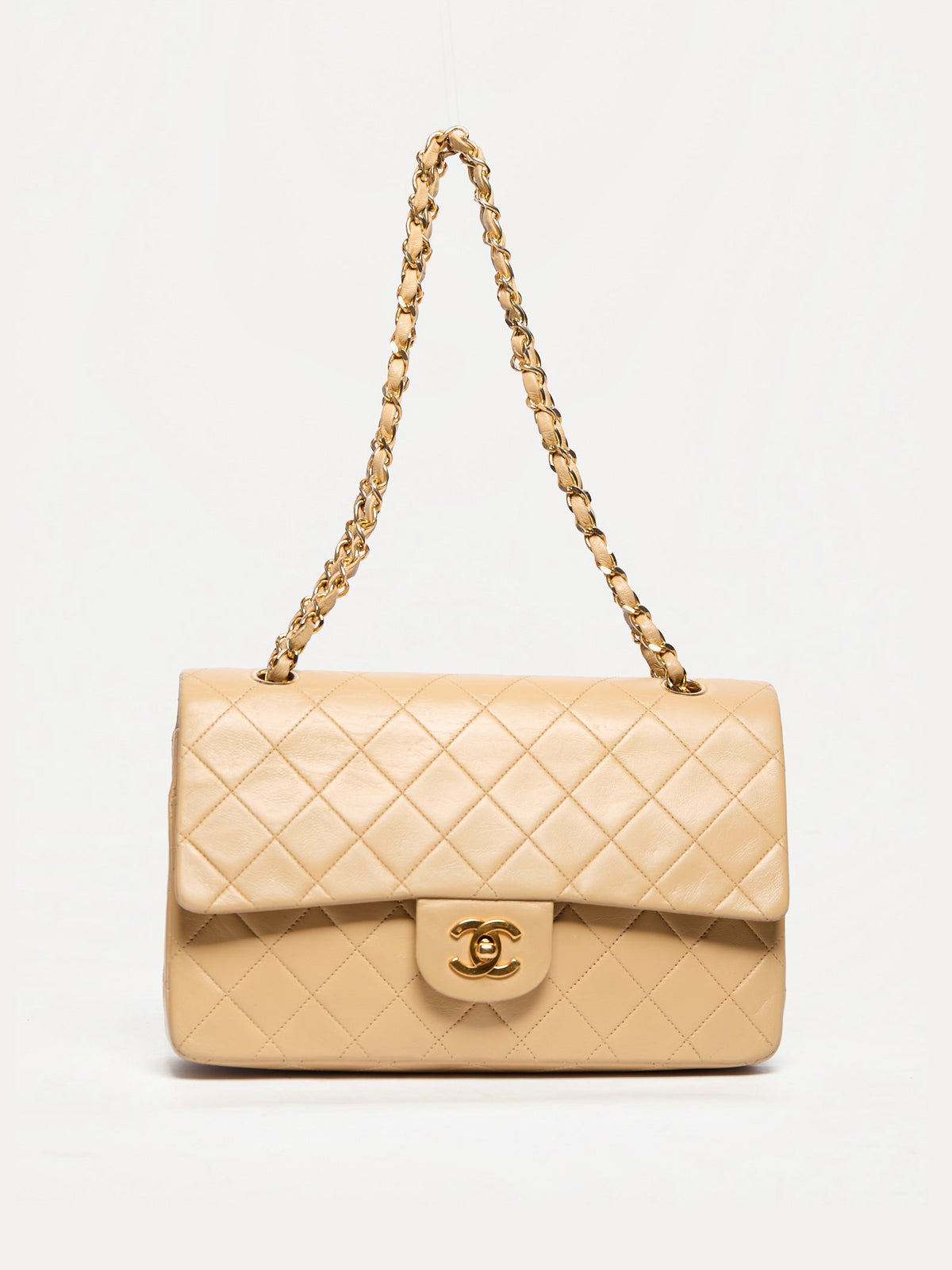 90's Chanel Beige Double Flap Bag 24k Gold Hardware