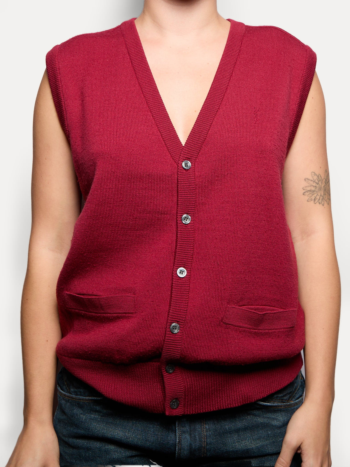90s Yves Saint Laurent Red Wool Logo Embroidery Knit Vest