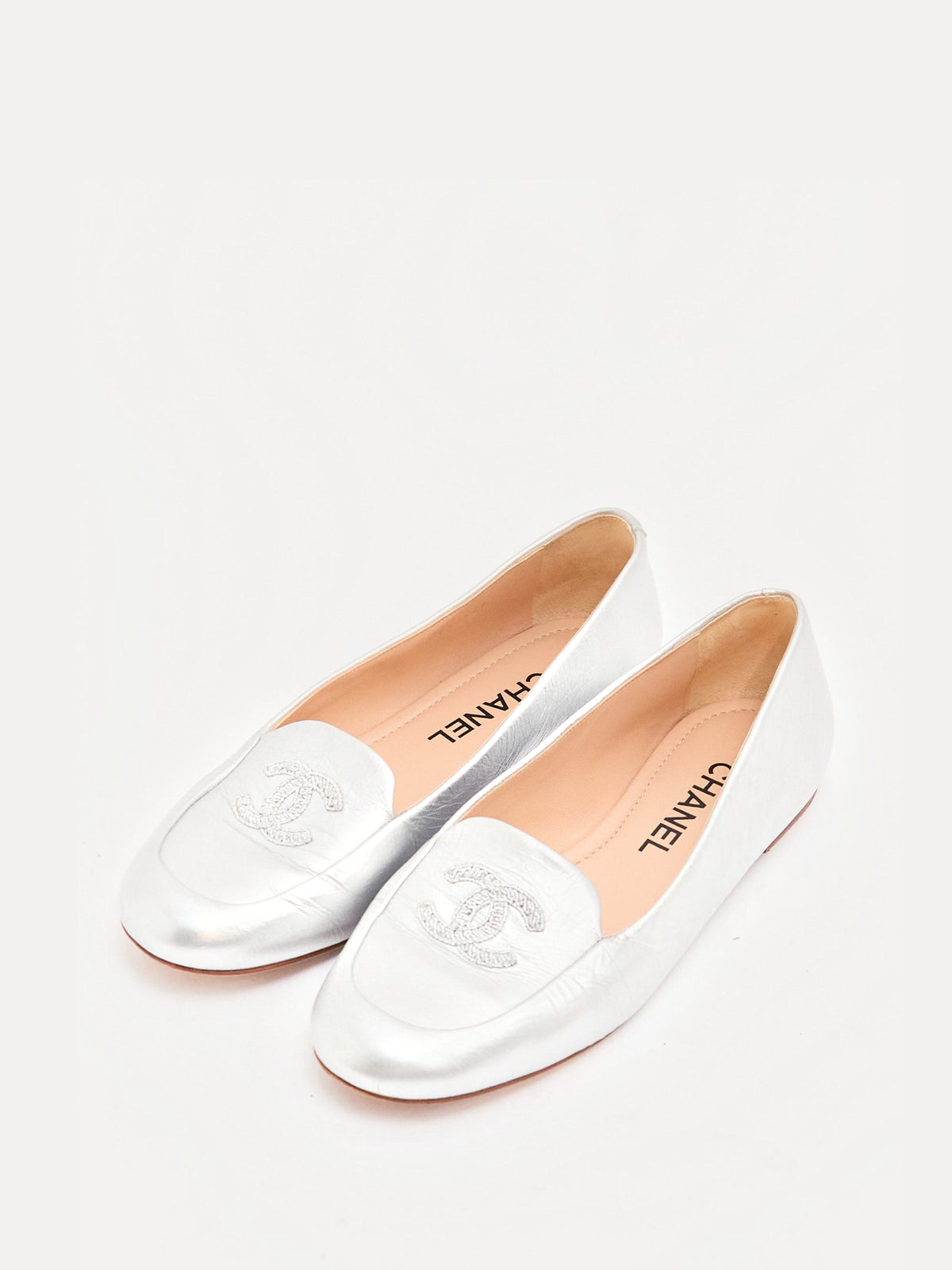 Chanel Silver CC Loafers 39
