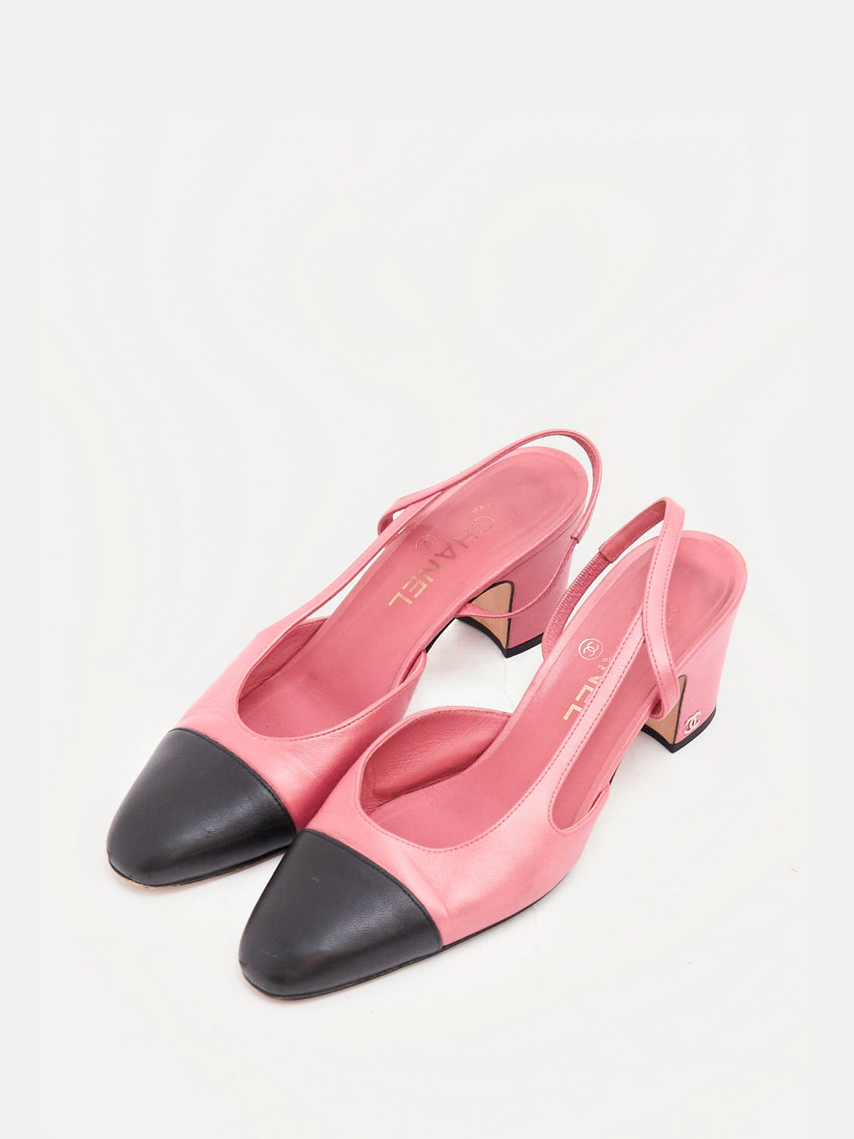 Chanel Pink Black Cap Toe Slingbacks 39