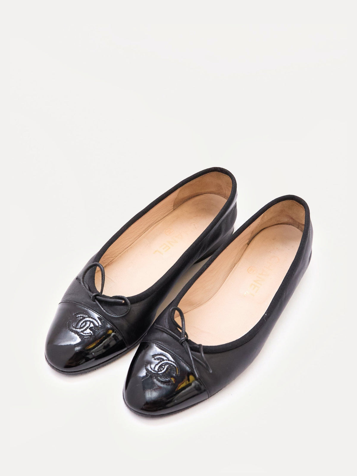 Chanel Black Leather Patent Cap Toe Flat Size 36.5
