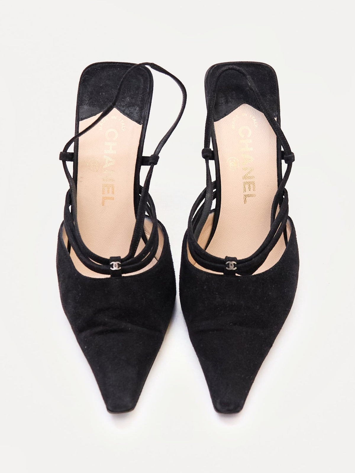 Chanel Black Suede CC Mule Heel Size 37