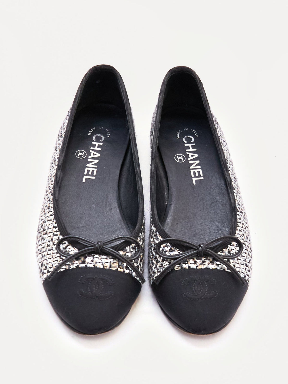 Chanel Black and Silver Sequin Cap Toe Flats Size 37.5