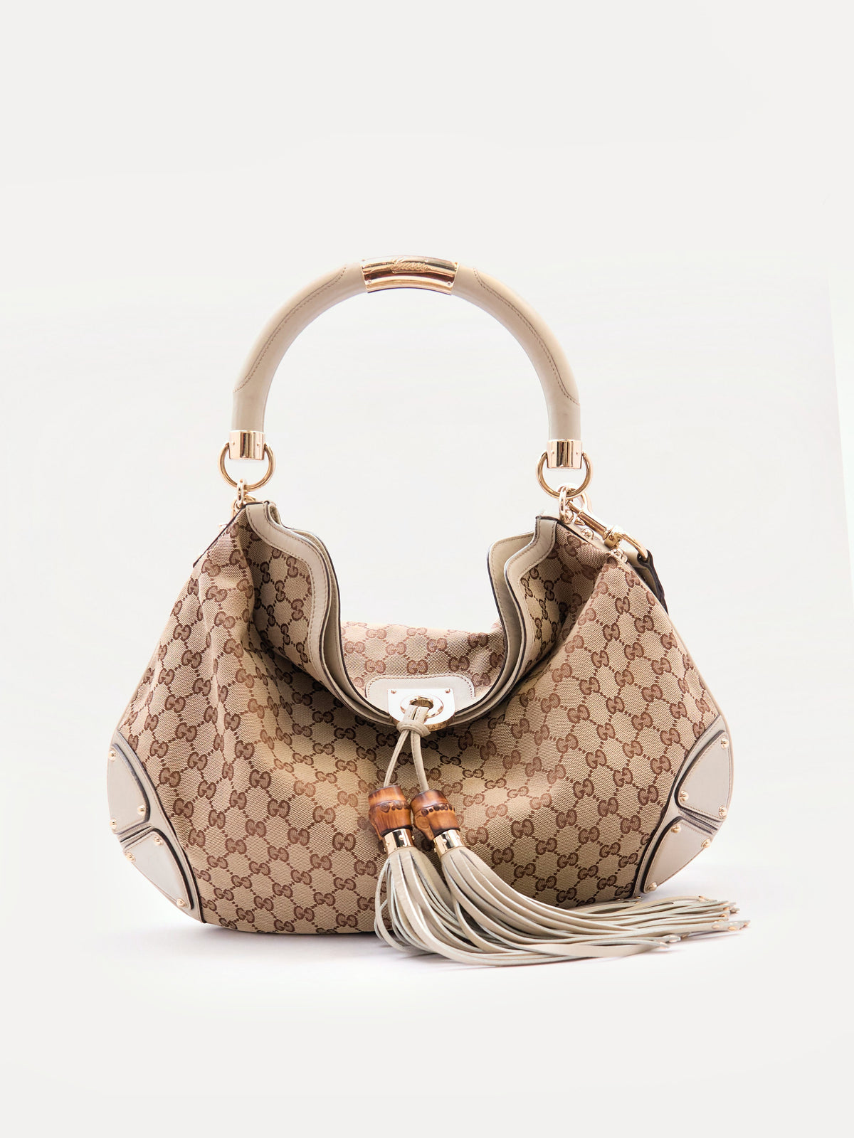 00's Gucci Indy Bamboo Beige GG Canvas Sholder Bag