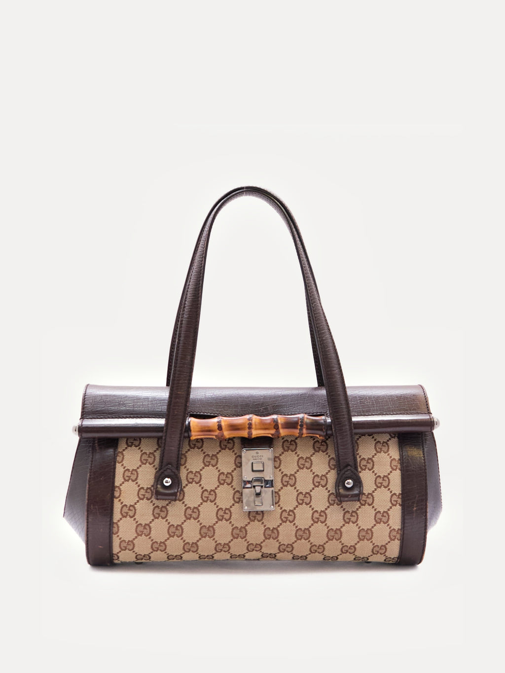 00's Gucci Bullet Bamboo Brown GG Canvas Handbag